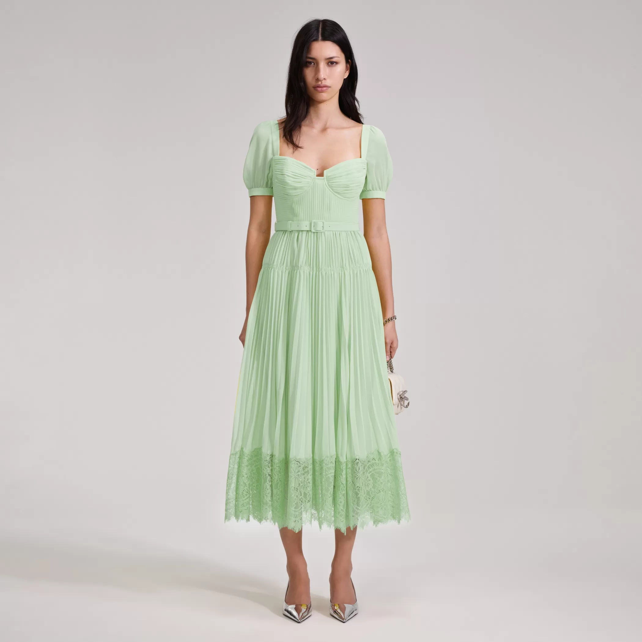 Self-Portrait > Green Chiffon Lace Detail Midi Dress