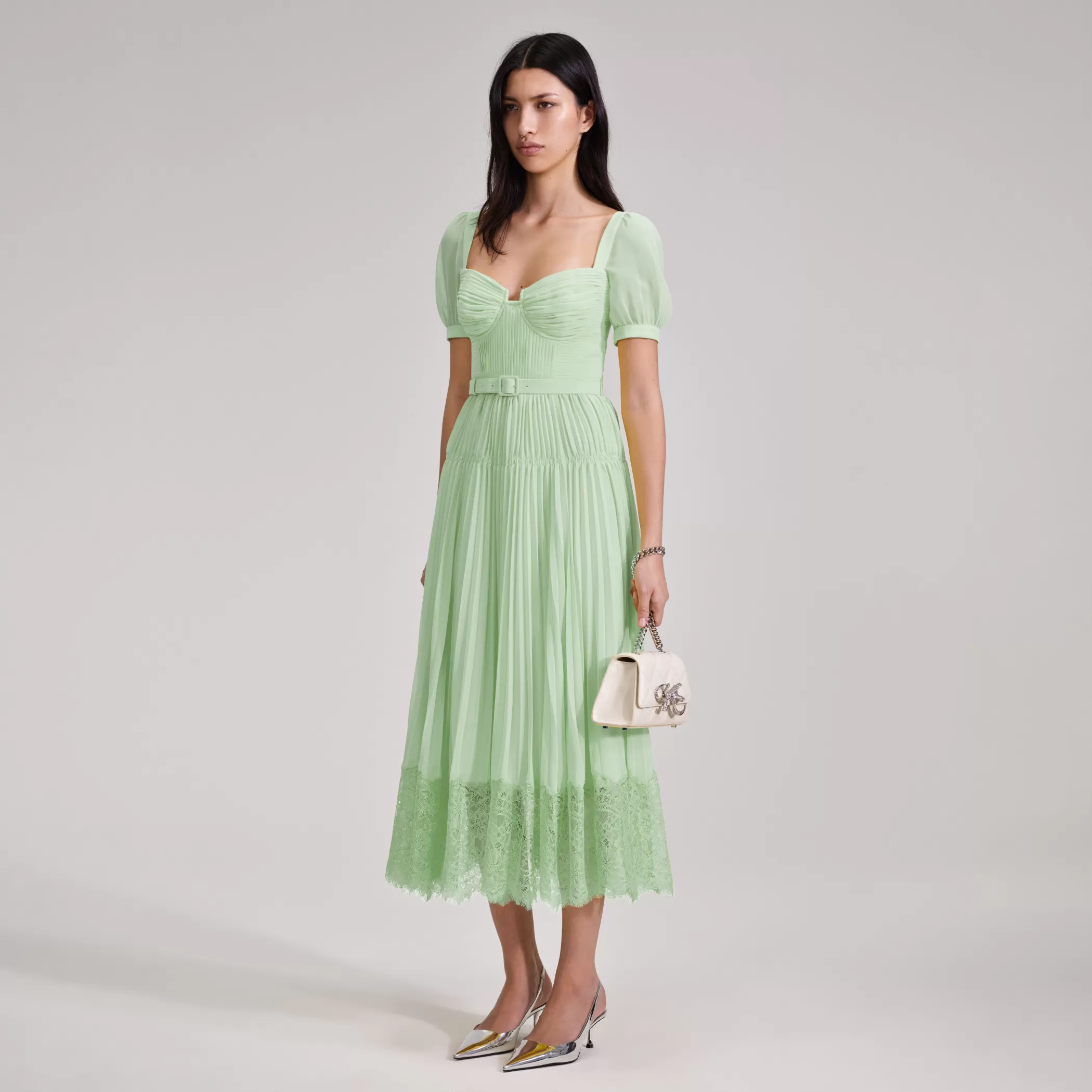 Self-Portrait > Green Chiffon Lace Detail Midi Dress