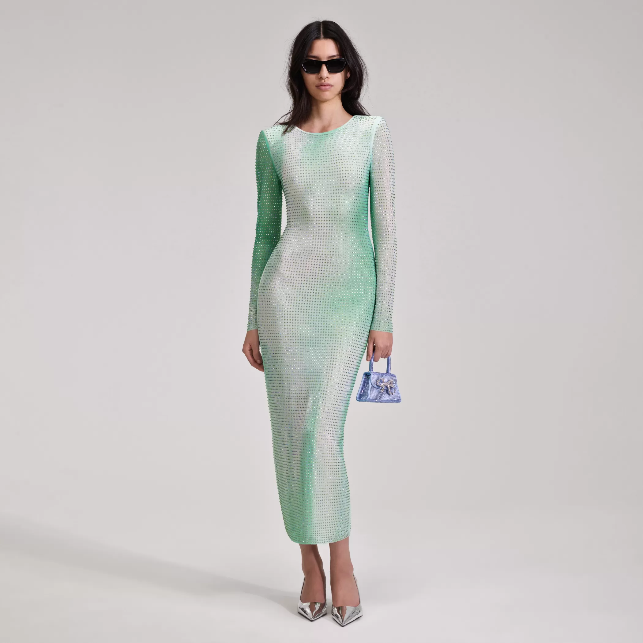 Self-Portrait > Green Contour Print Midi Dress