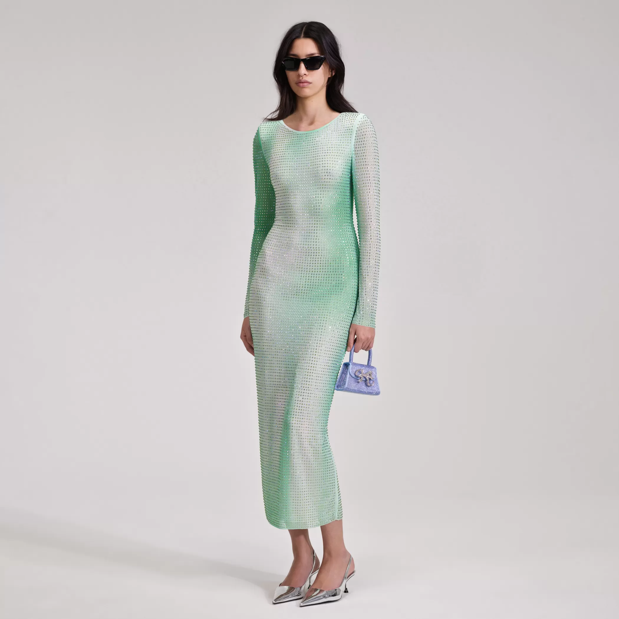 Self-Portrait > Green Contour Print Midi Dress