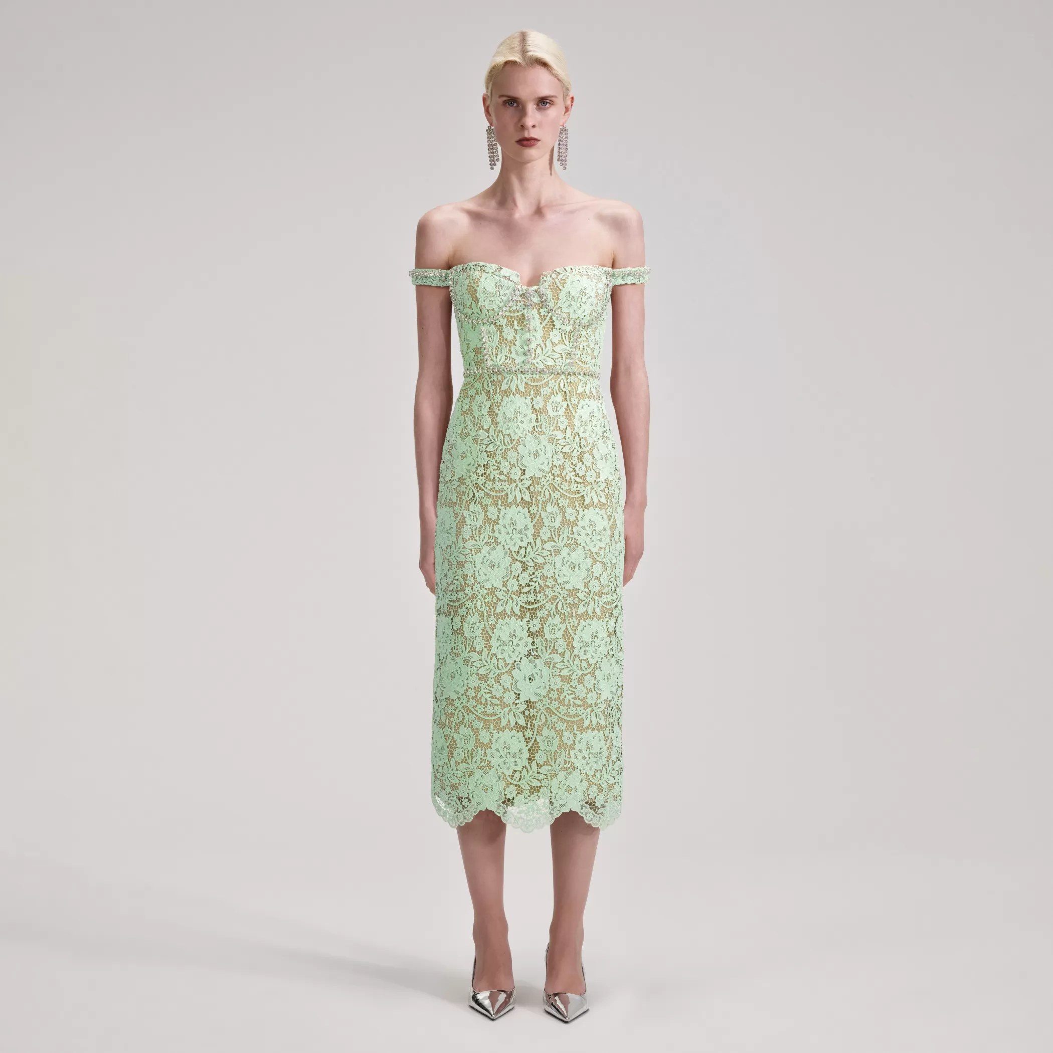 Self-Portrait > Green Cord Lace Diamante Midi Dress