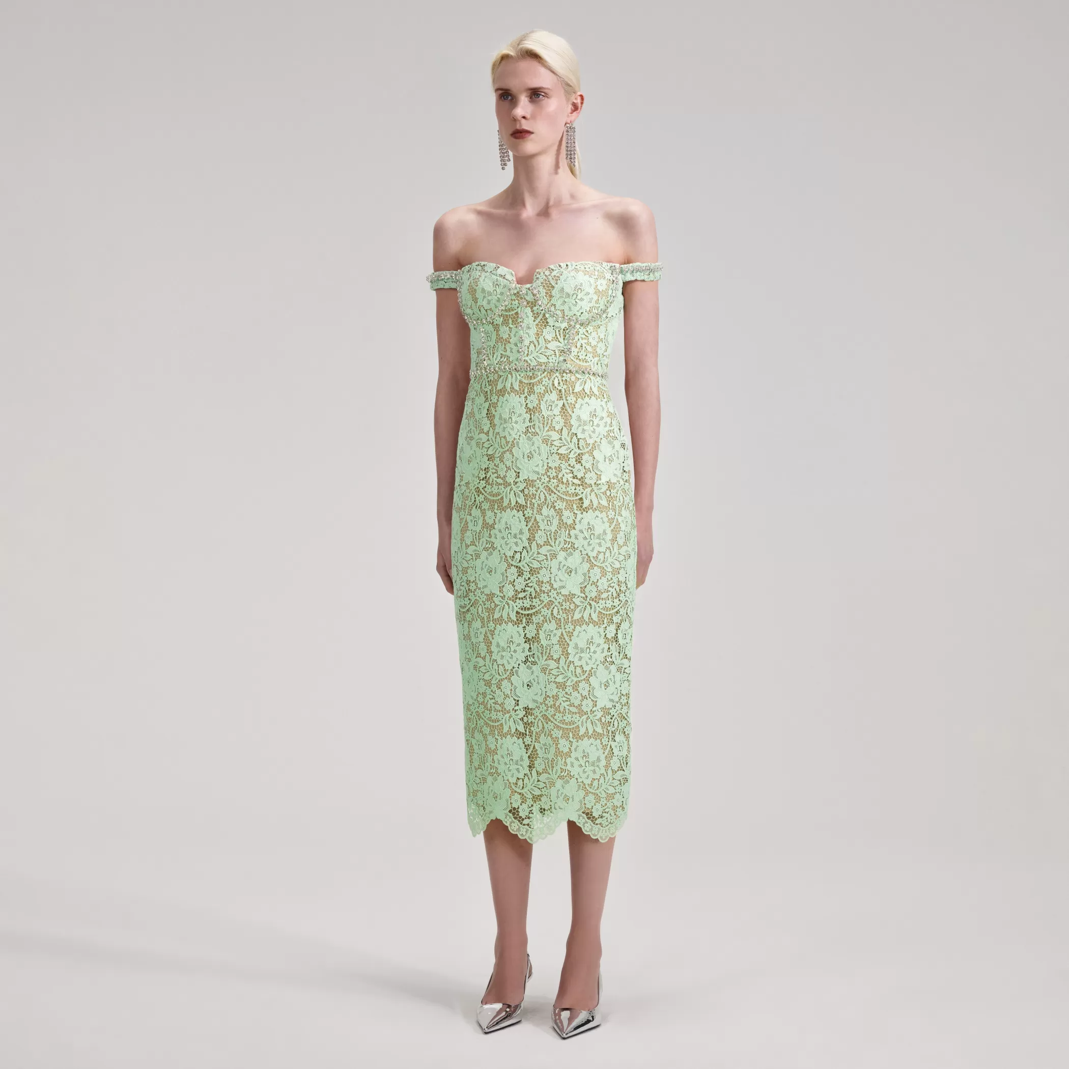 Self-Portrait > Green Cord Lace Diamante Midi Dress