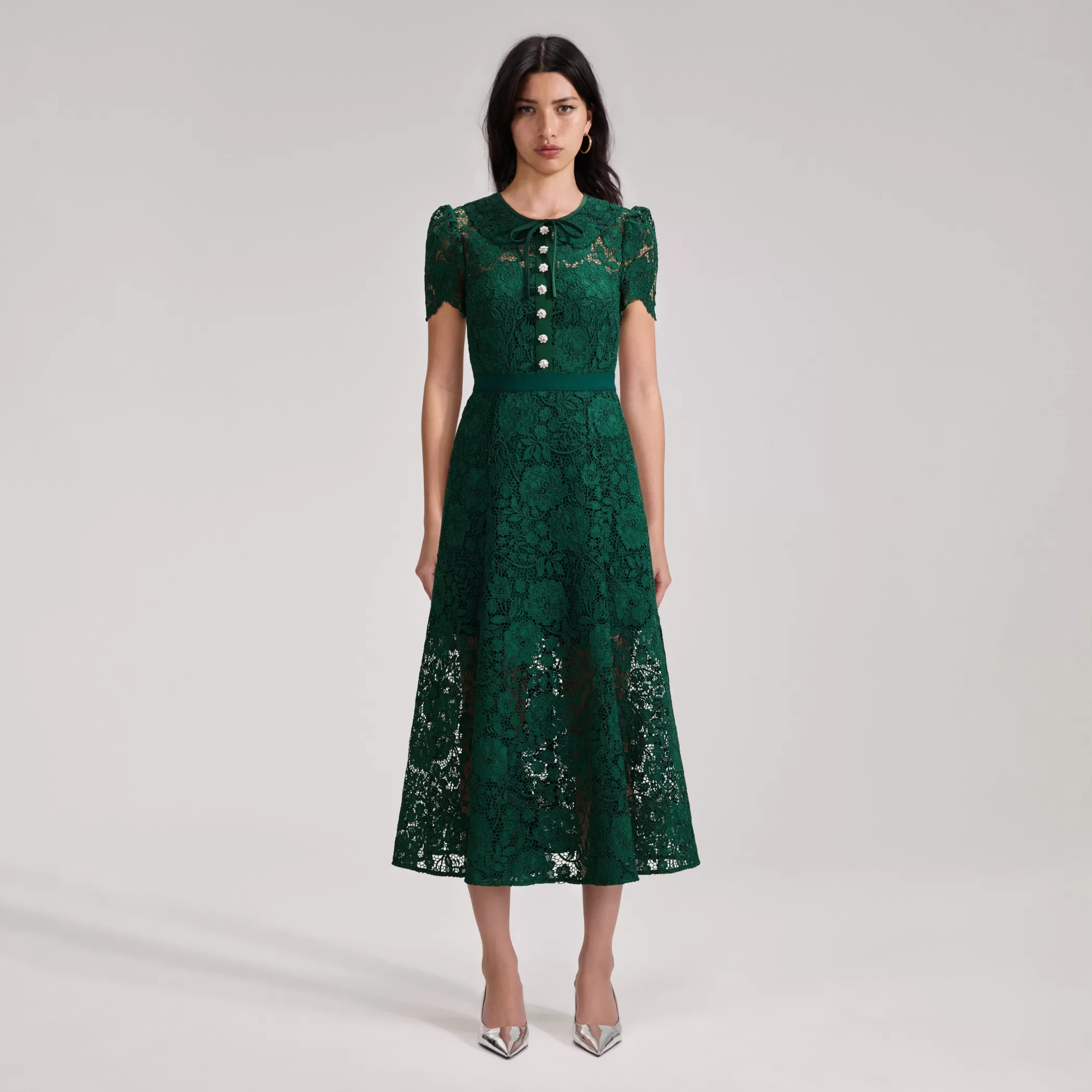 Self-Portrait > Green Cord Lace Midi Dress