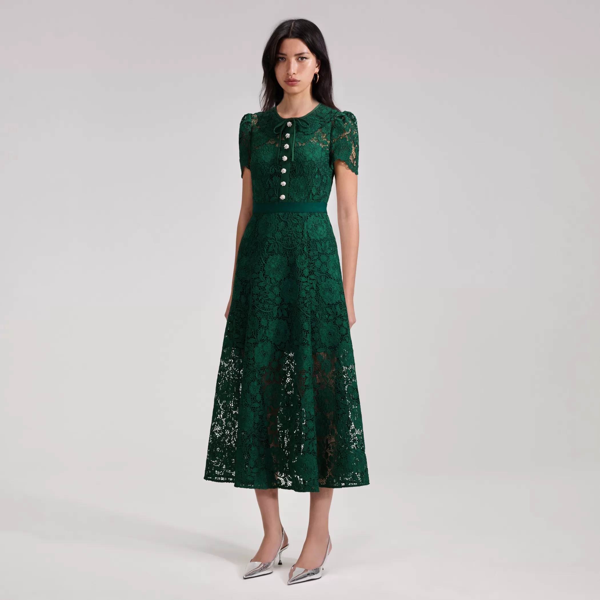 Self-Portrait > Green Cord Lace Midi Dress