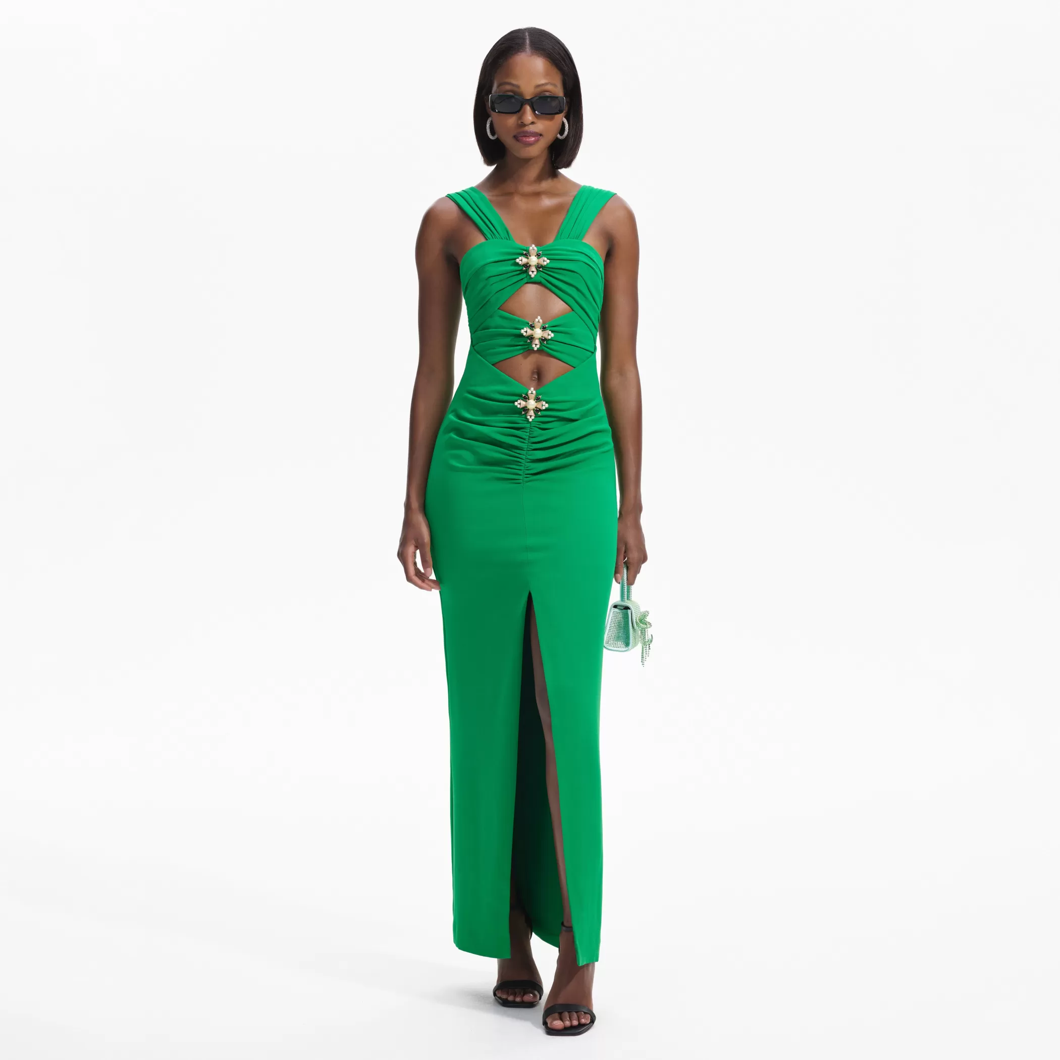 Self-Portrait > Green Crepe Cut-Out Maxi Dress