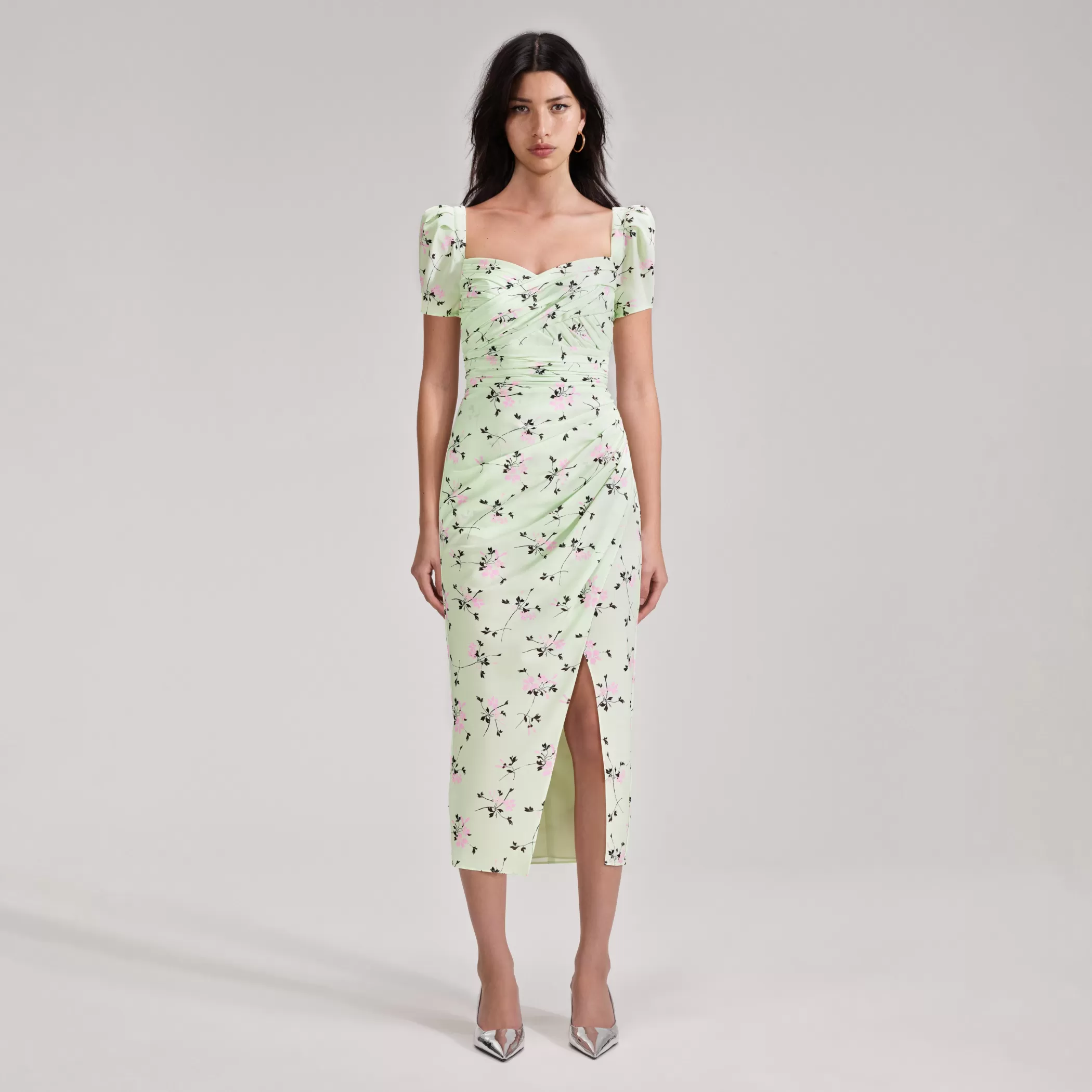 Self-Portrait > Green Floral Print Iris Midi Dress