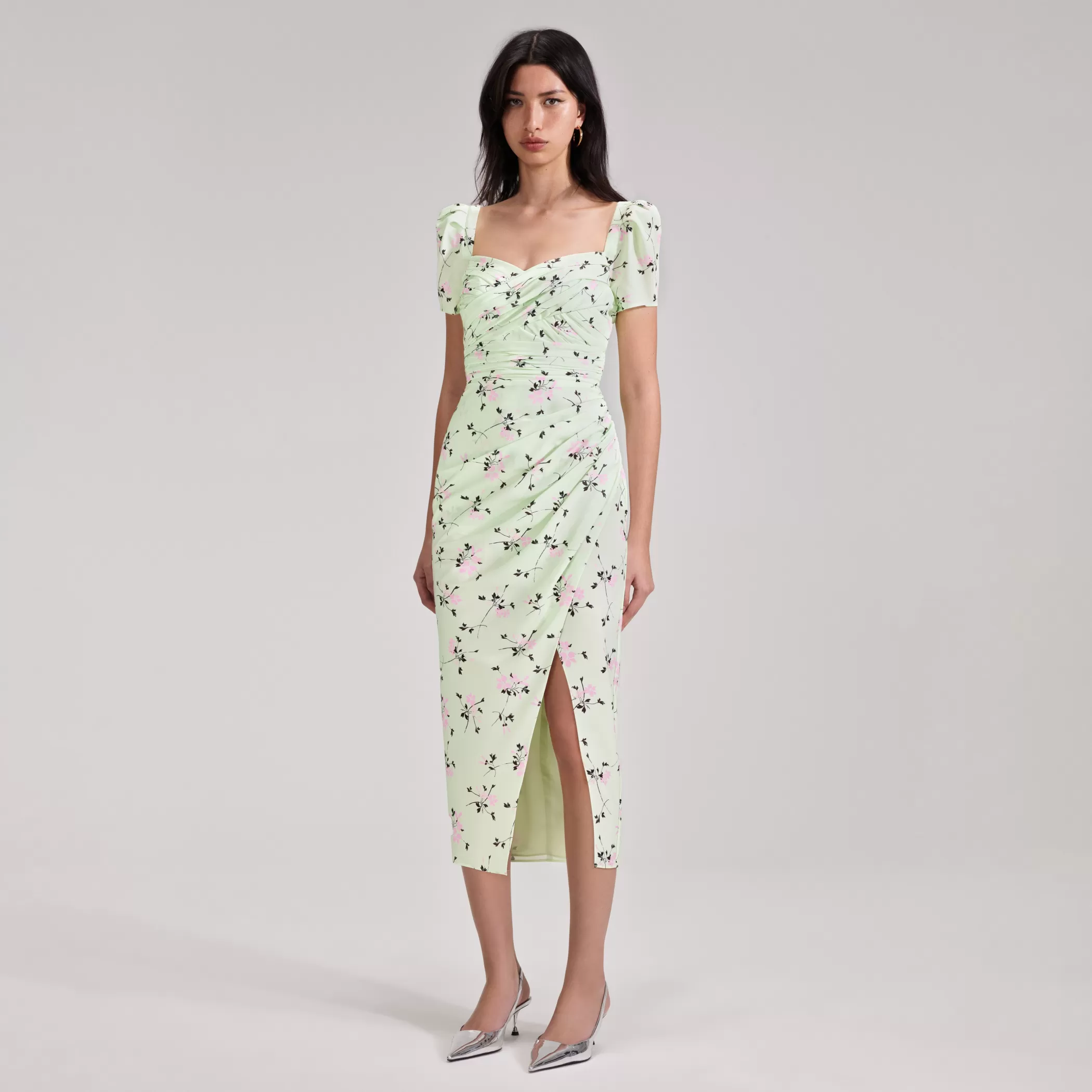 Self-Portrait > Green Floral Print Iris Midi Dress