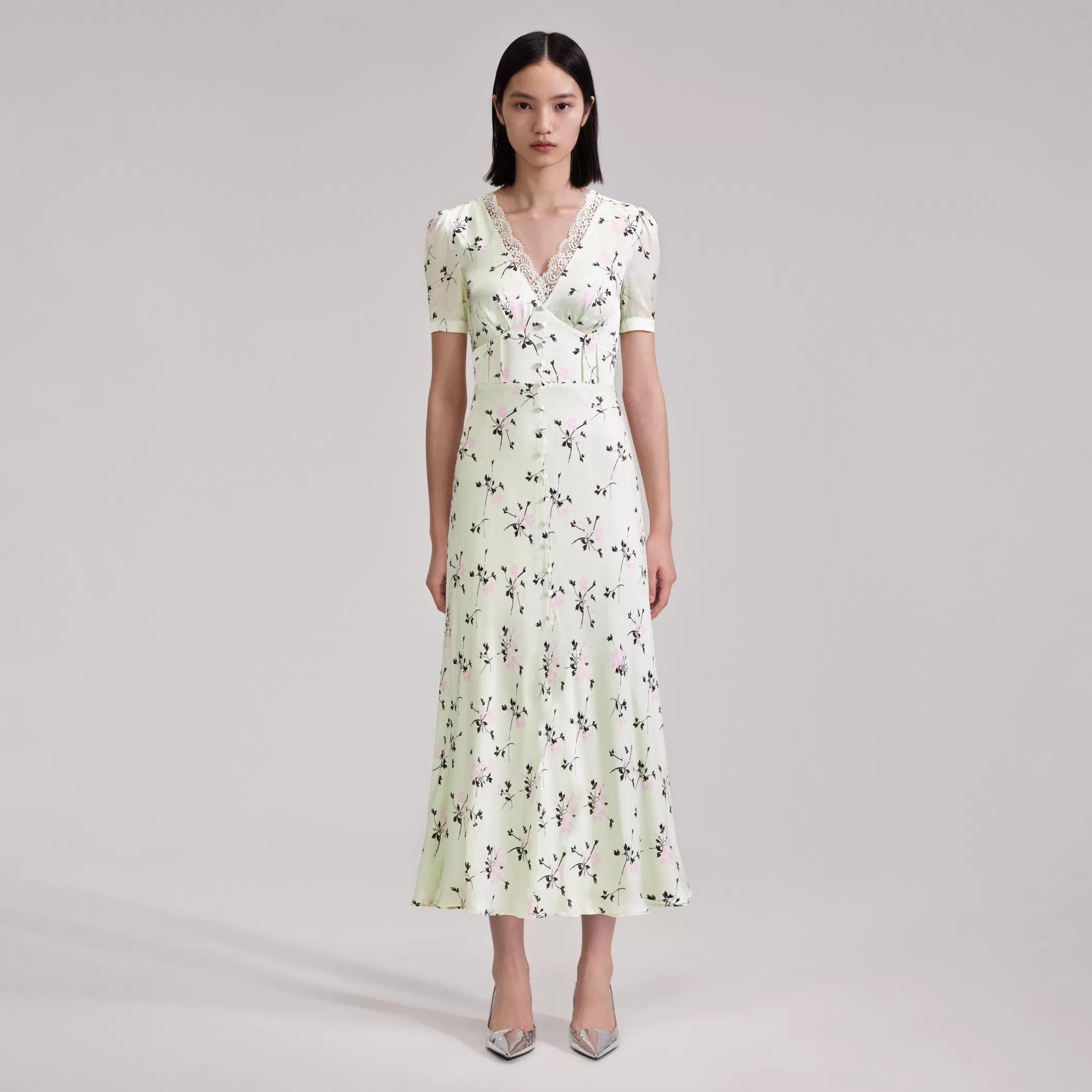 Self-Portrait > Green Floral Print Lace Detail Midi Dress