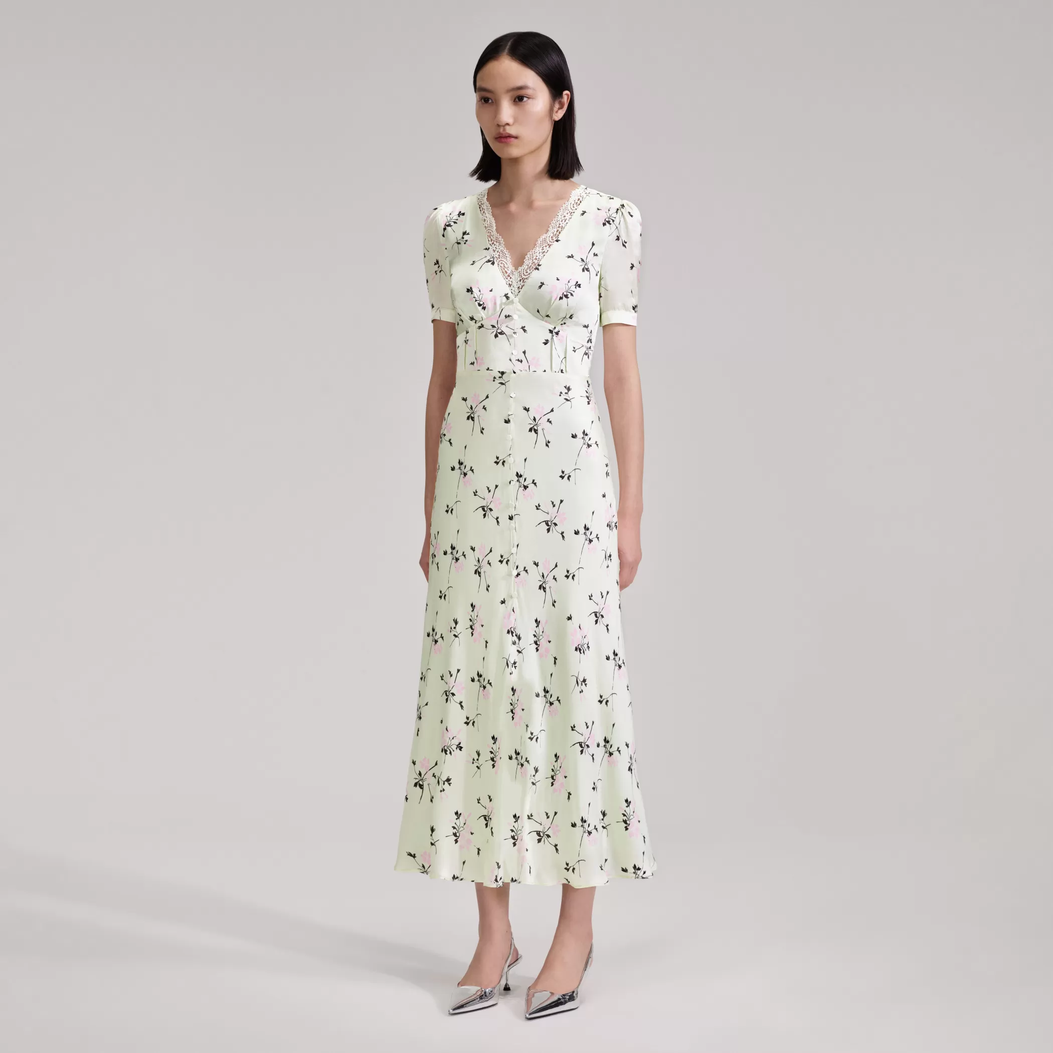 Self-Portrait > Green Floral Print Lace Detail Midi Dress