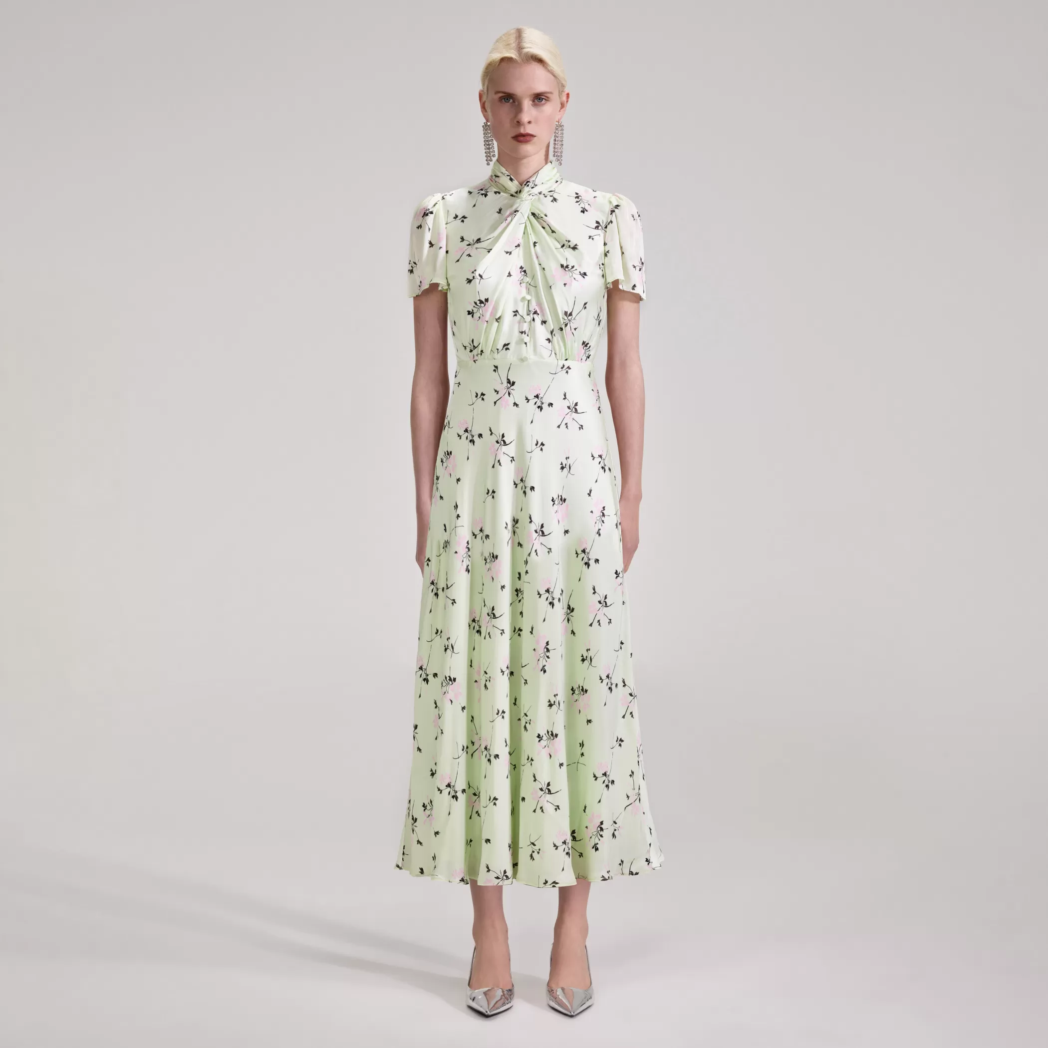 Self-Portrait > Green Floral Print Midi Dress