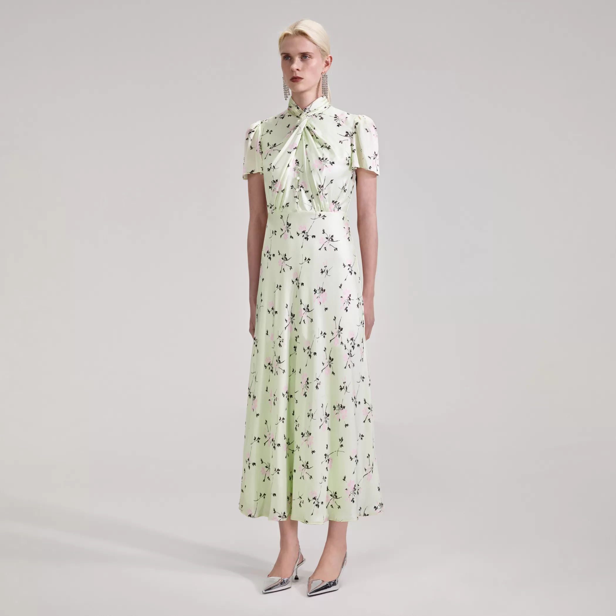 Self-Portrait > Green Floral Print Midi Dress