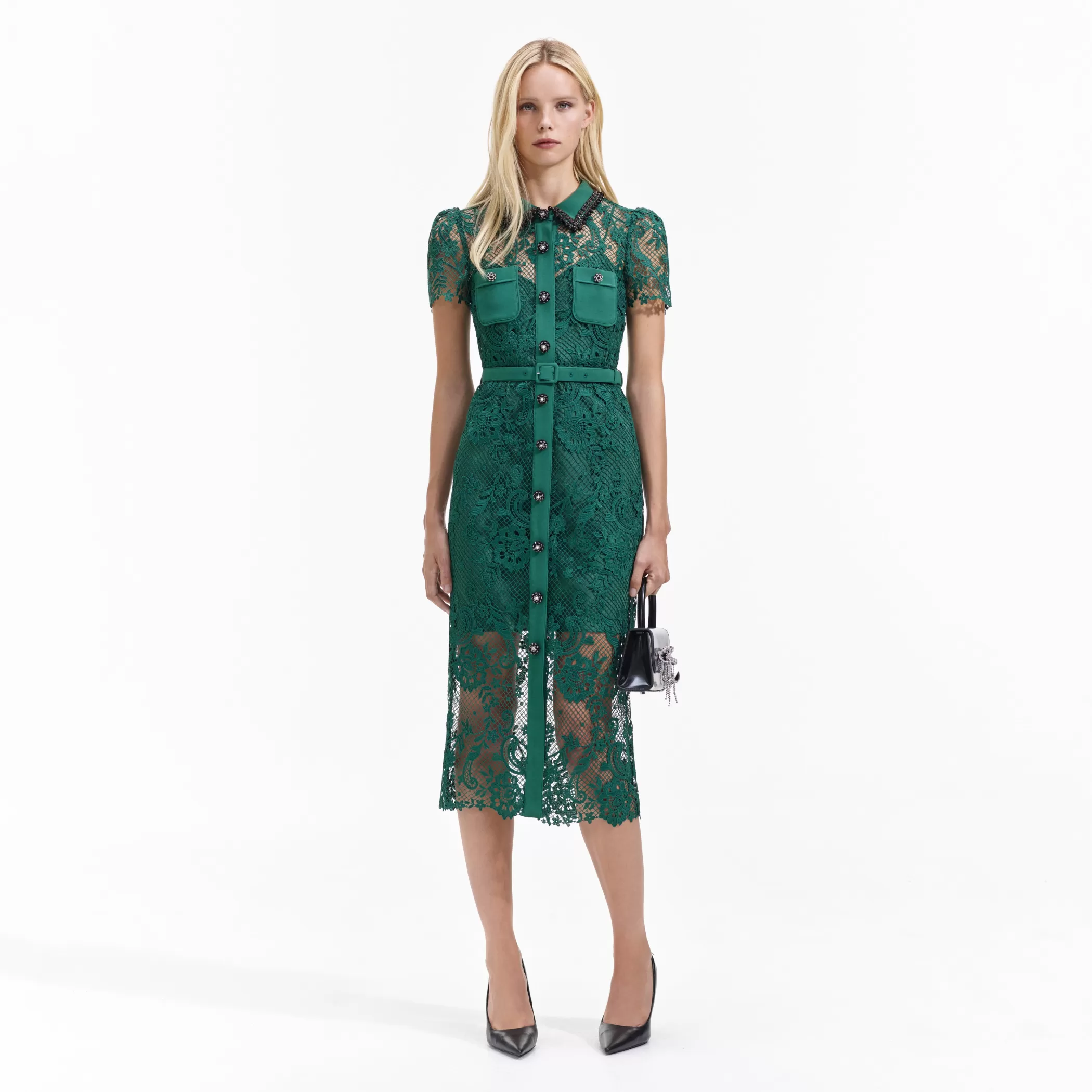 Self-Portrait > Green Lace Button Front Midi Dress