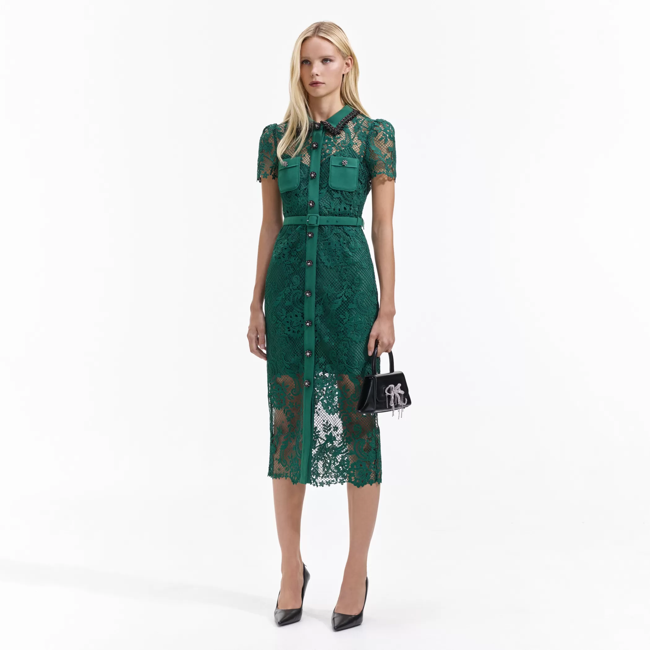 Self-Portrait > Green Lace Button Front Midi Dress