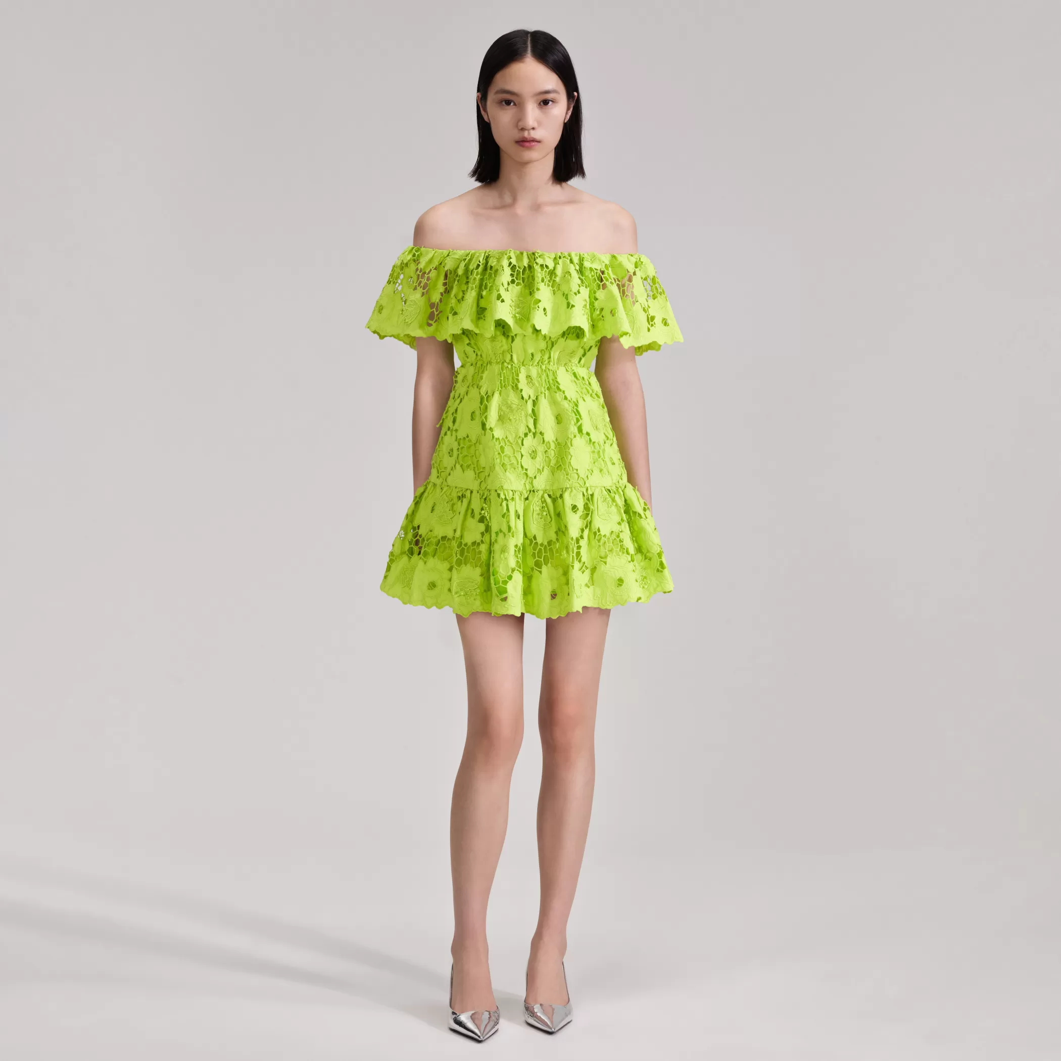 Self-Portrait > Green Lace Off Shoulder Mini Dress