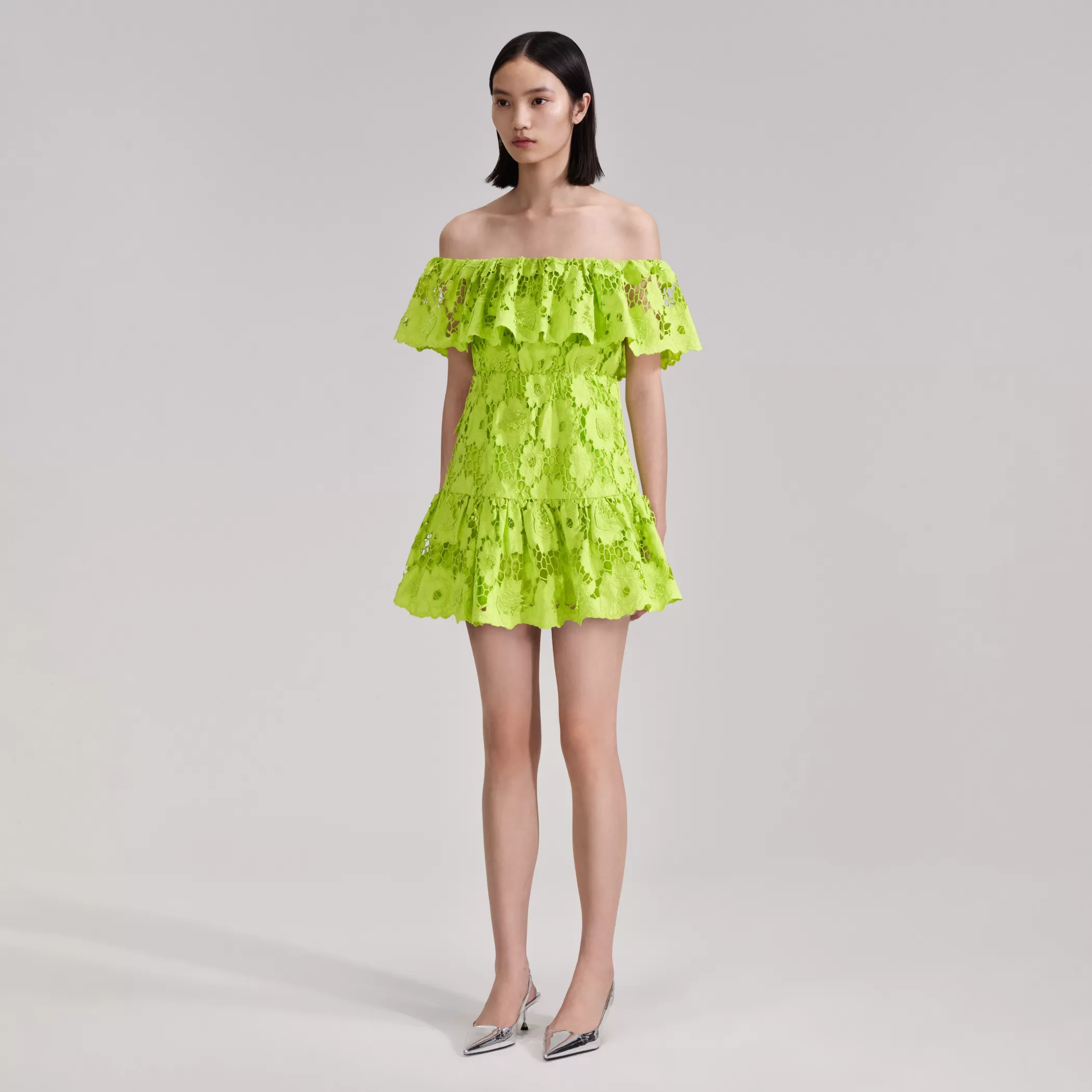 Self-Portrait > Green Lace Off Shoulder Mini Dress