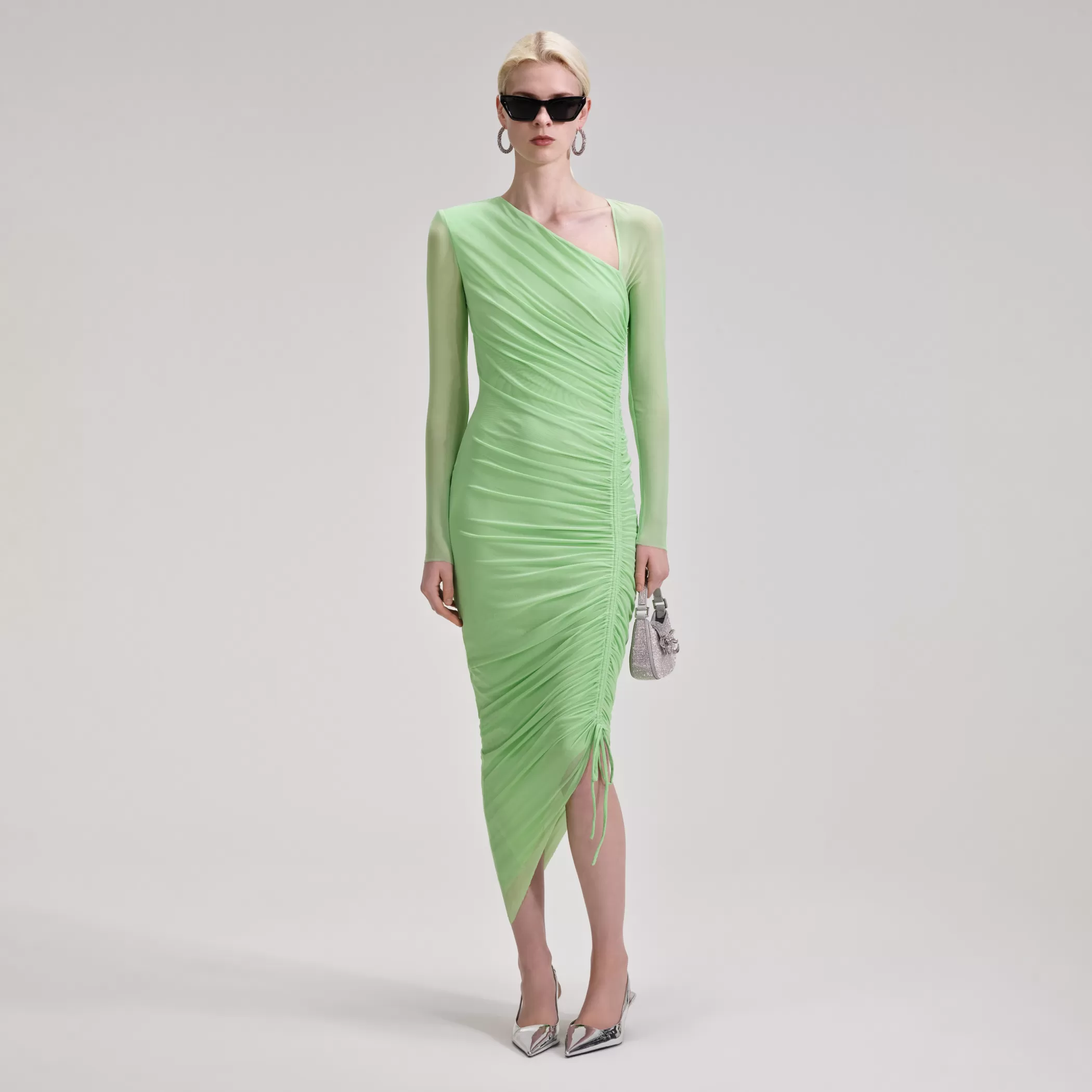 Self-Portrait > Green Mesh Ruched Midi Dress