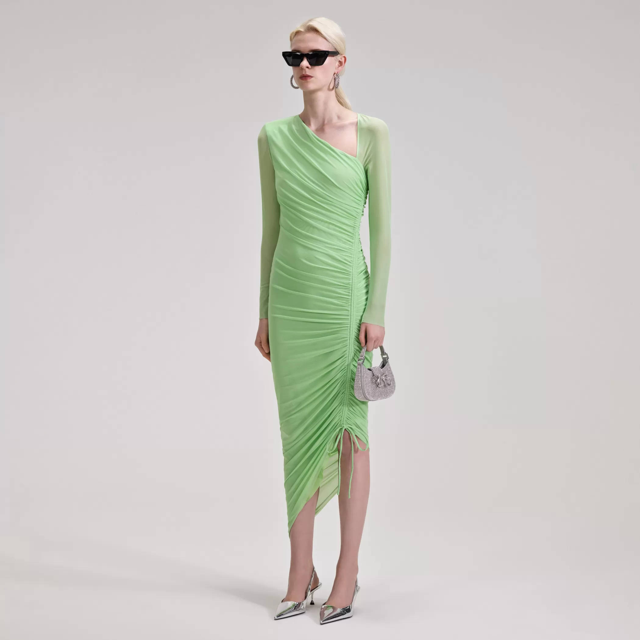 Self-Portrait > Green Mesh Ruched Midi Dress