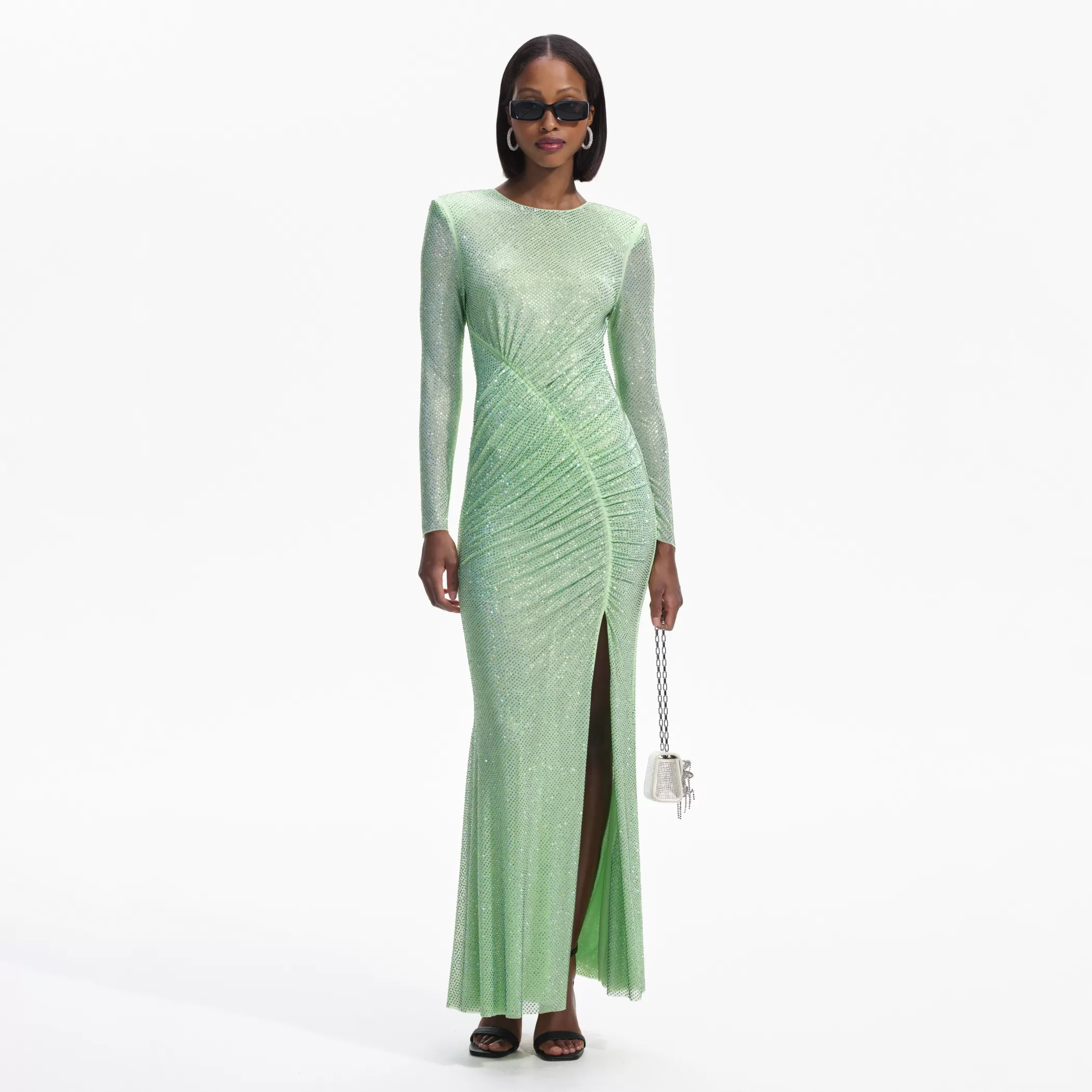 Self-Portrait > Green Rhinestone Mesh Maxi Dress