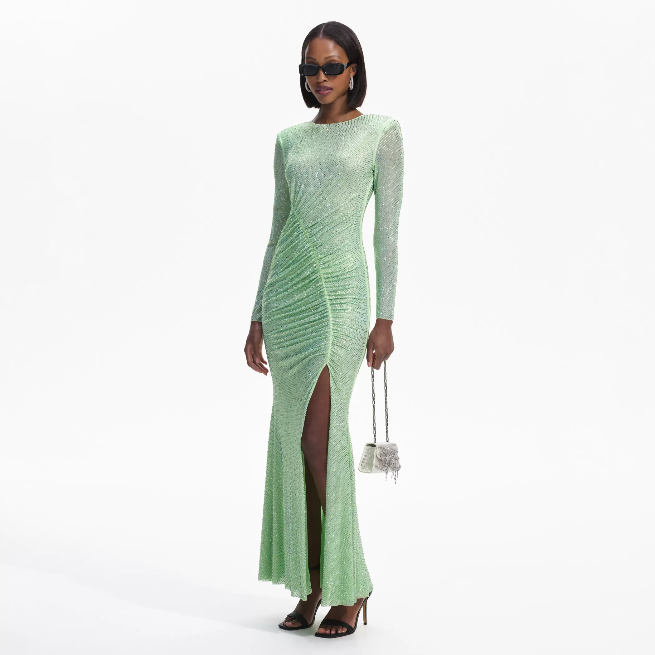 Self-Portrait > Green Rhinestone Mesh Maxi Dress