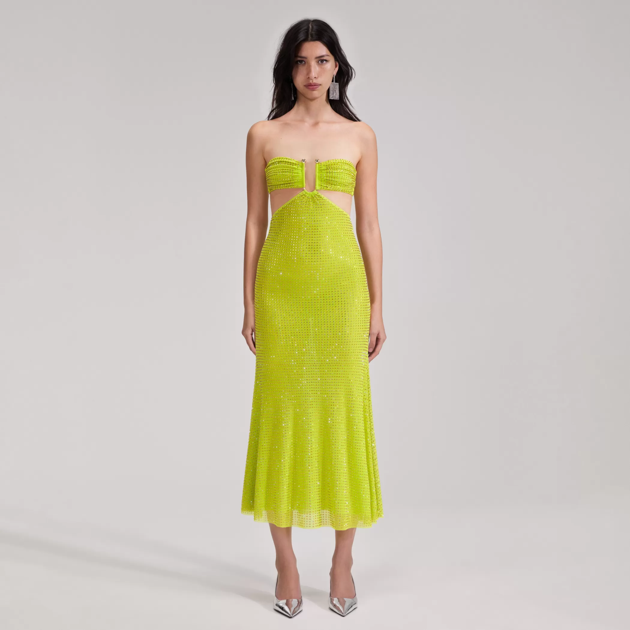 Self-Portrait > Green Rhinestone Mesh Midi Dress