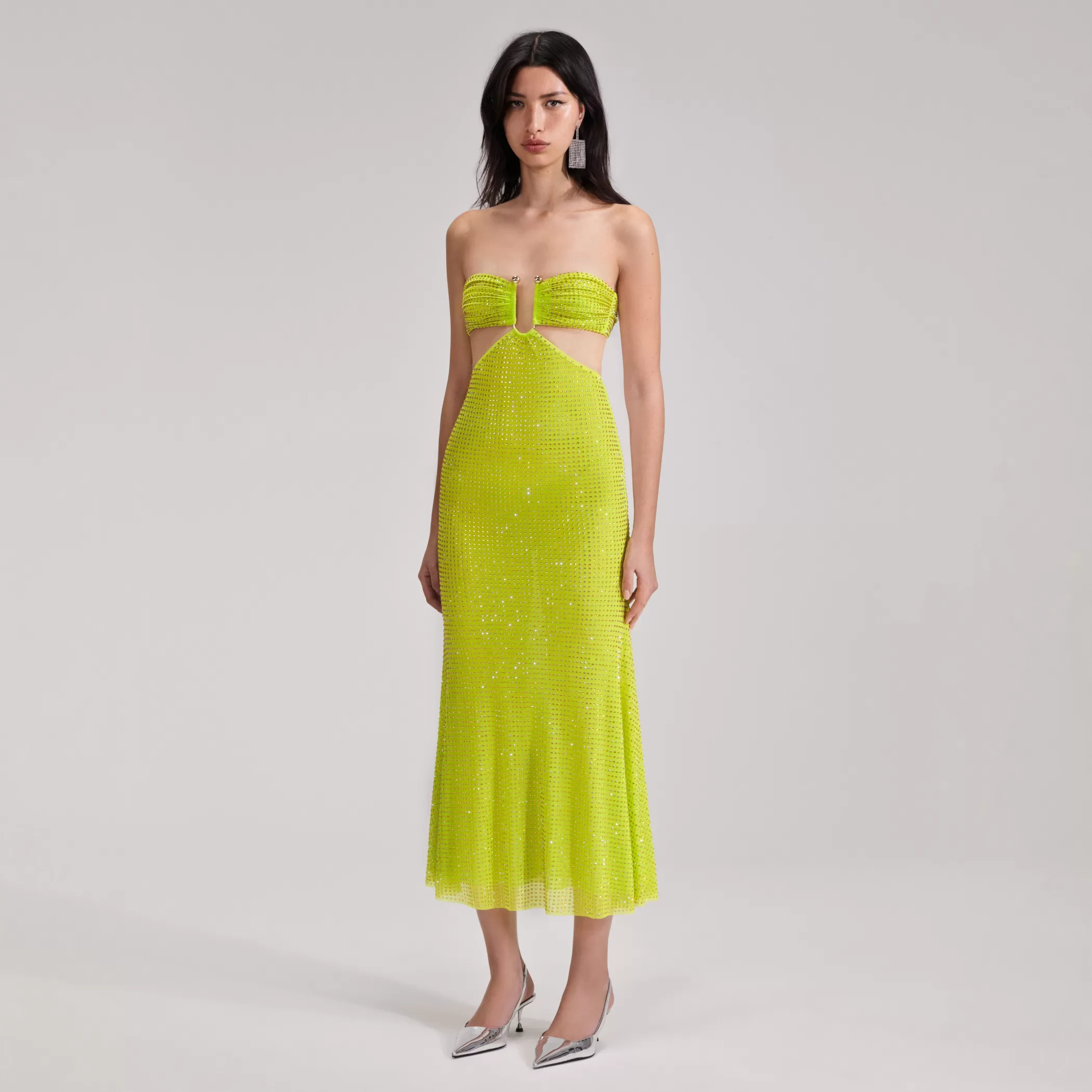 Self-Portrait > Green Rhinestone Mesh Midi Dress