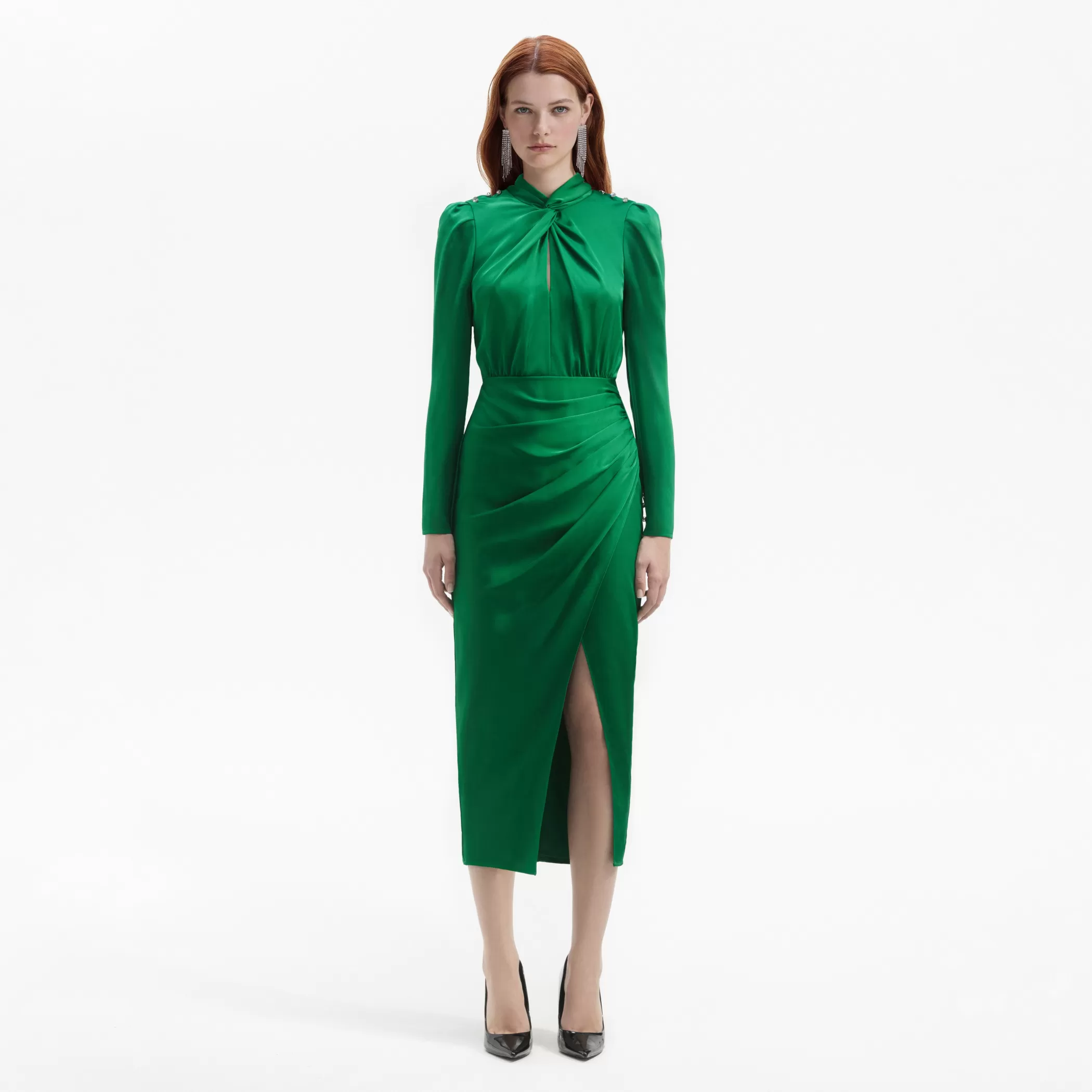 Self-Portrait > Green Satin High Neck Midi Dress