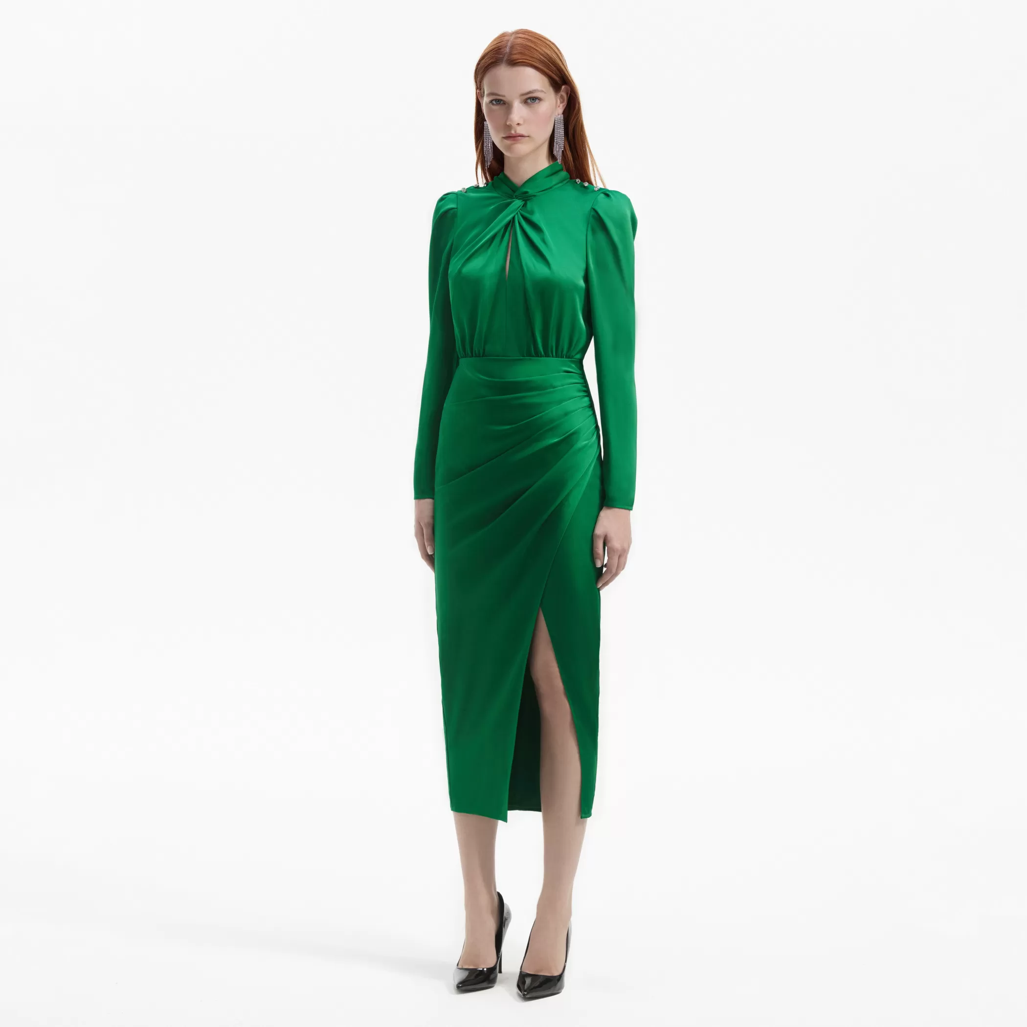 Self-Portrait > Green Satin High Neck Midi Dress