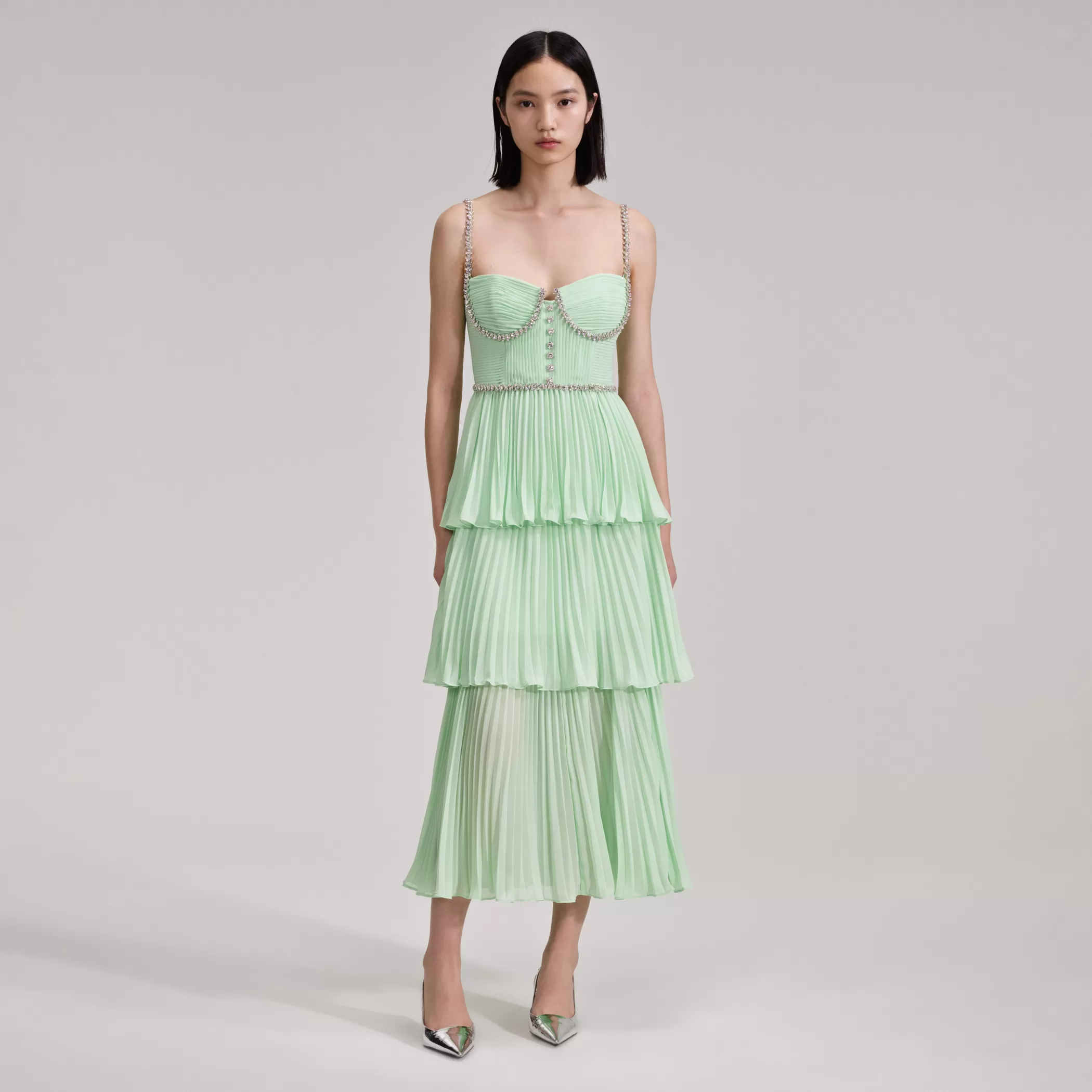 Self-Portrait > Green Tiered Diamante Chiffon Midi Dress