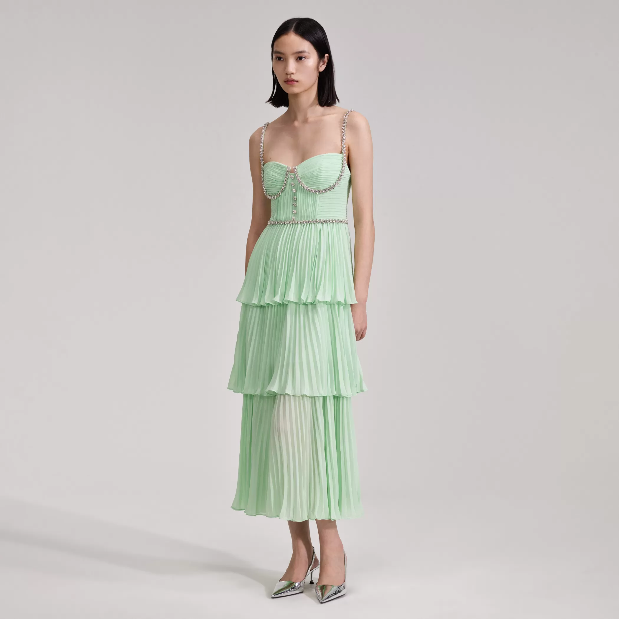 Self-Portrait > Green Tiered Diamante Chiffon Midi Dress