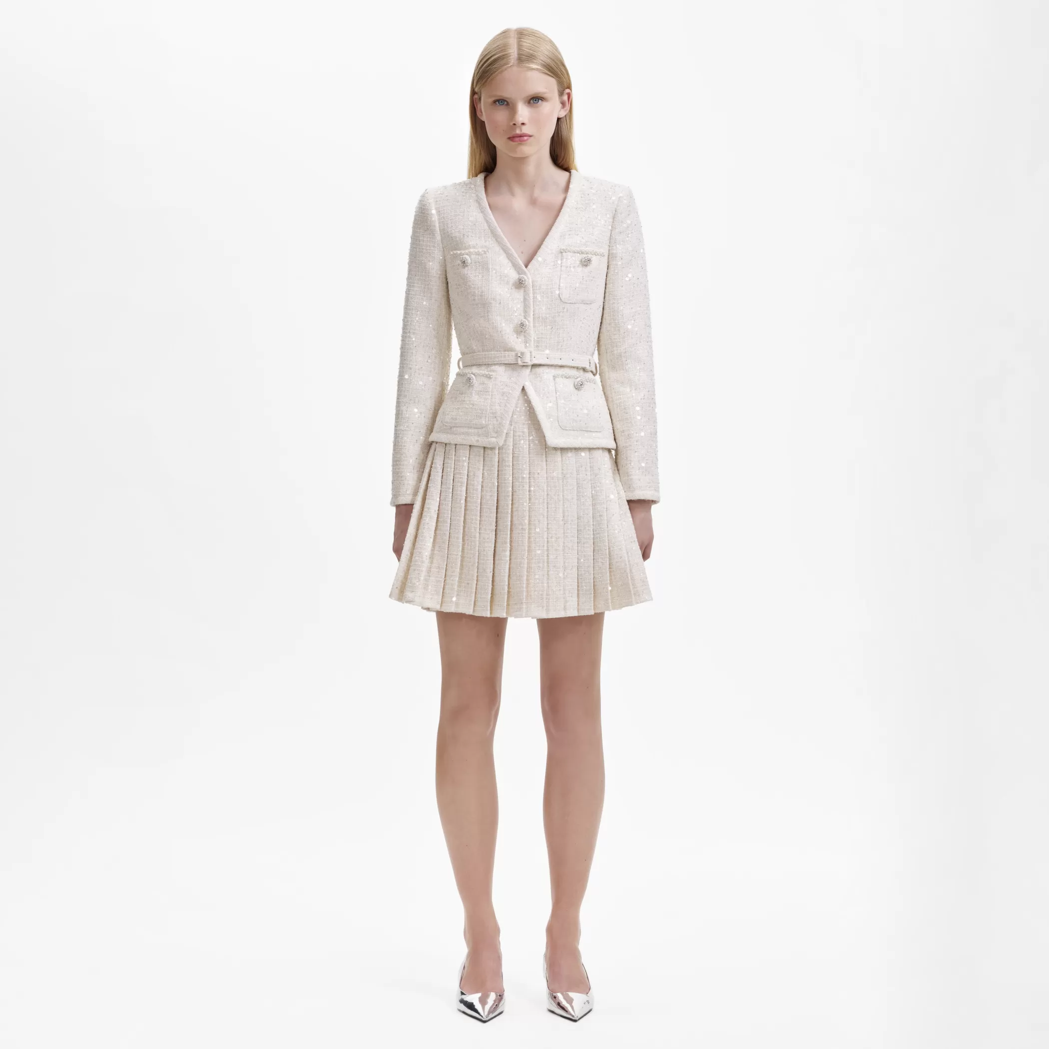 Self-Portrait > Ivory Sequin Boucle Mini Jacket Dress