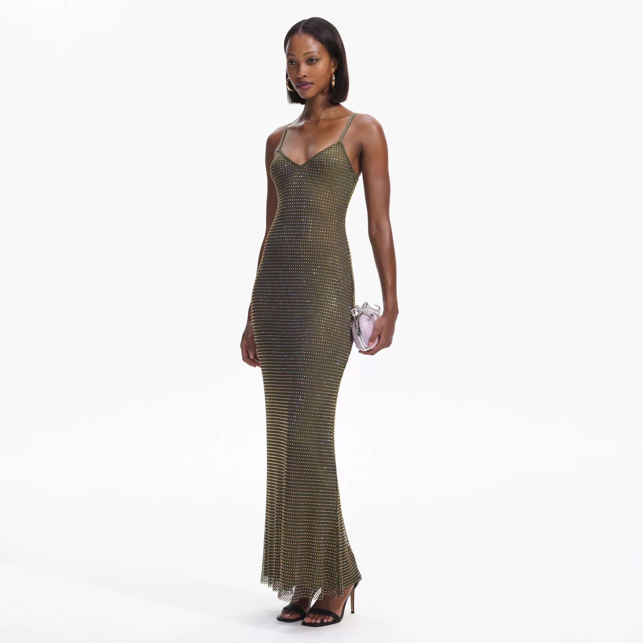 Self-Portrait > Khaki Rhinestone Maxi Dress