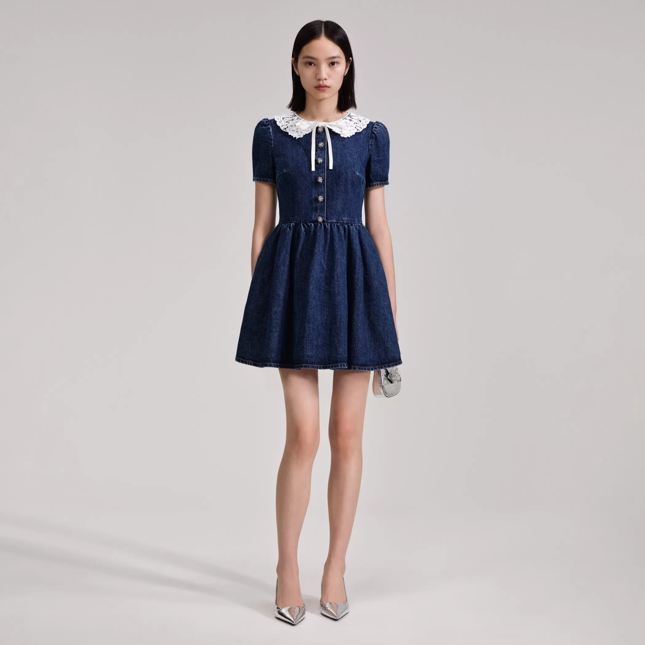 Self-Portrait > Lace Collar Denim Mini Dress