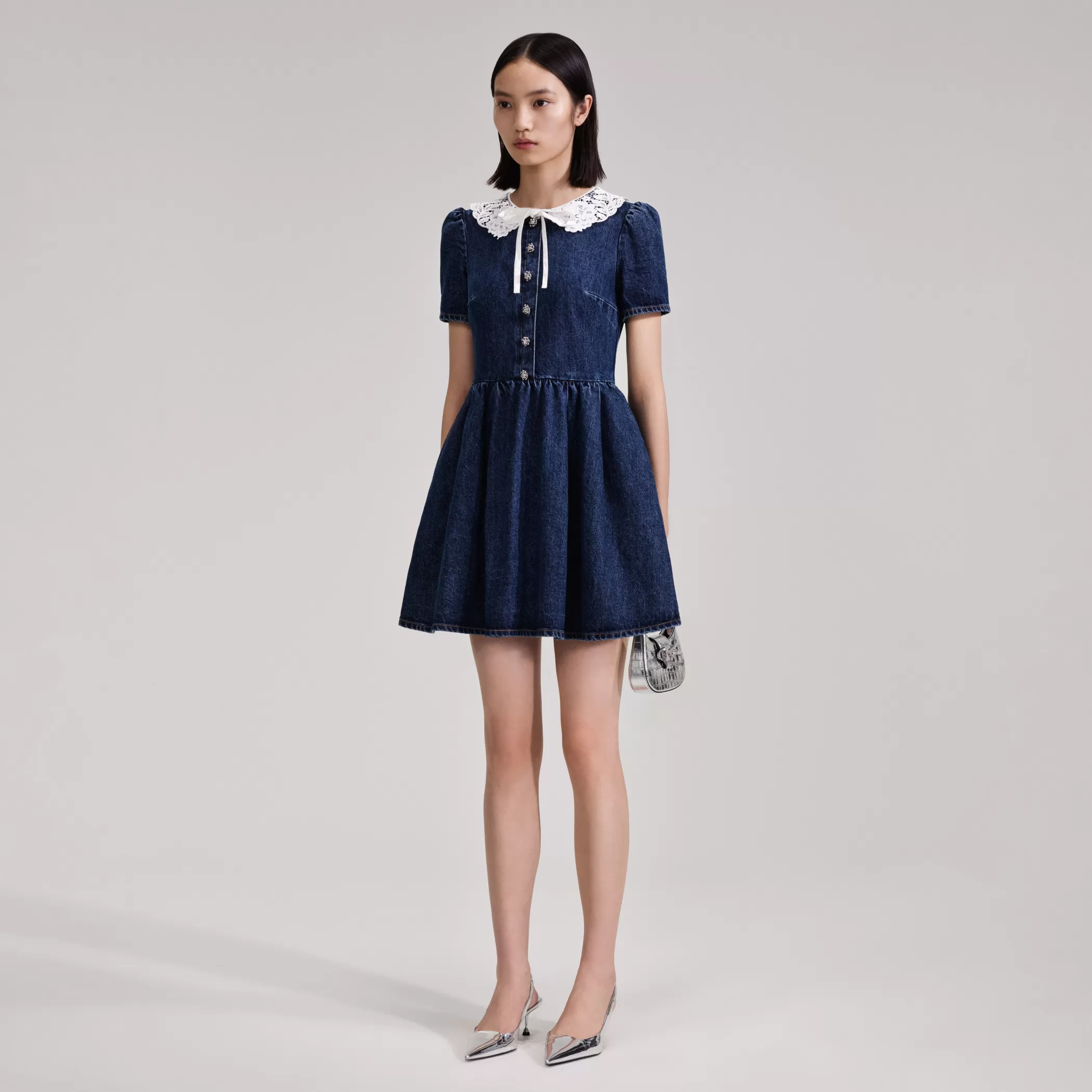 Self-Portrait > Lace Collar Denim Mini Dress