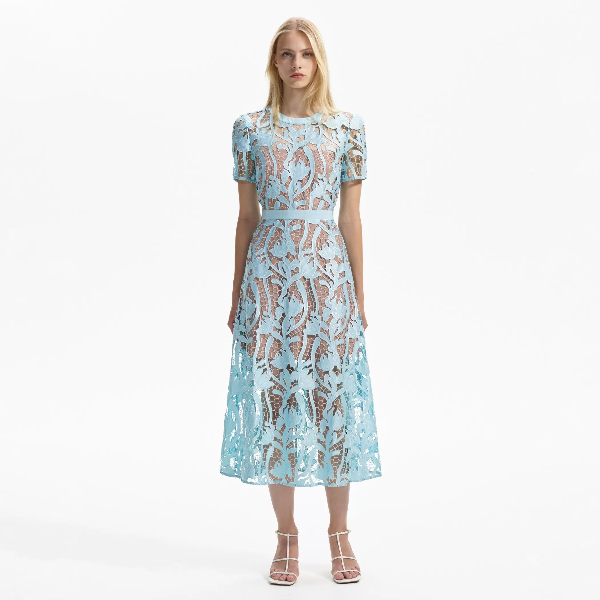 Self-Portrait > Light Blue Lace Midi Dress