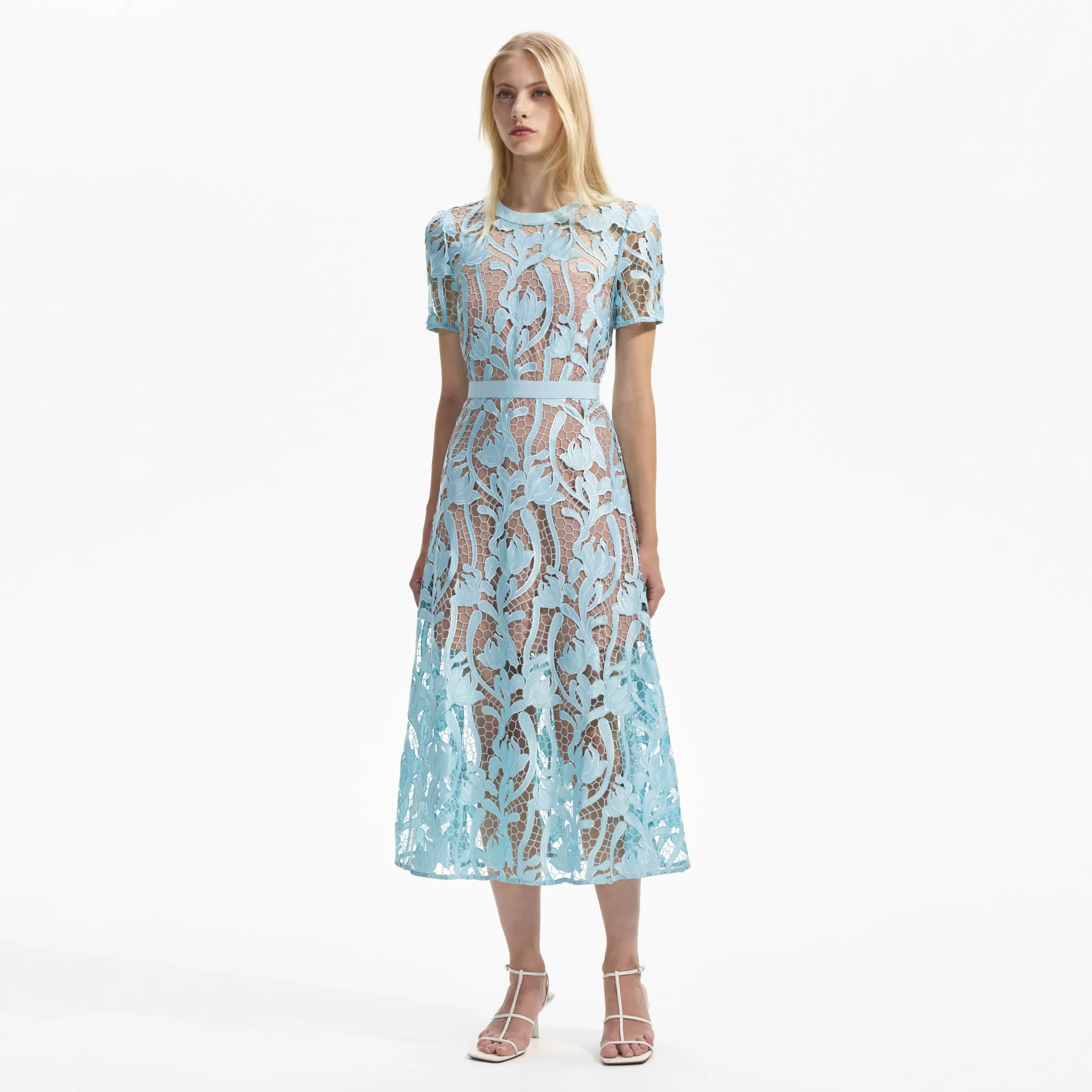 Self-Portrait > Light Blue Lace Midi Dress