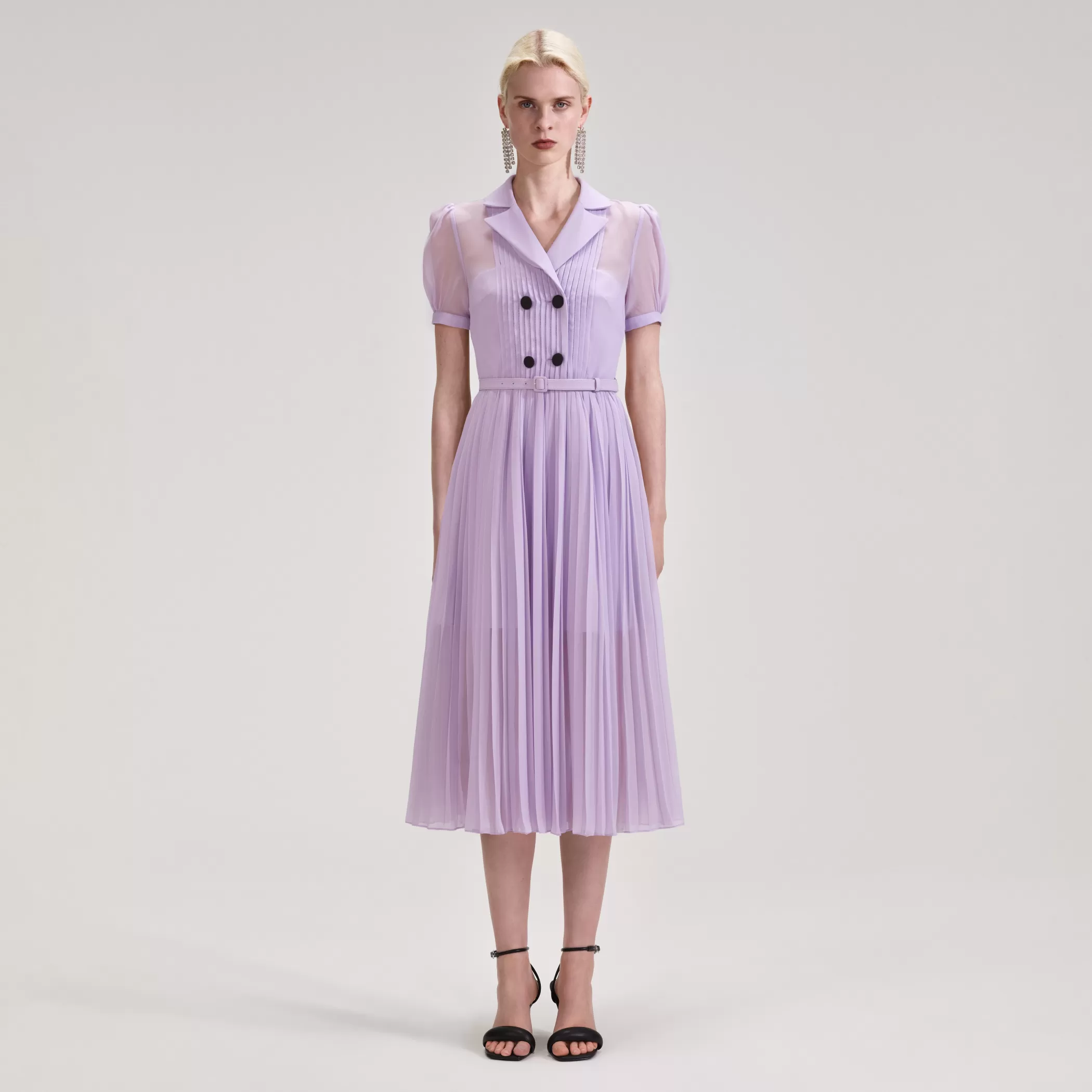 Self-Portrait > Lilac Chiffon Pleated Collar Midi Dress