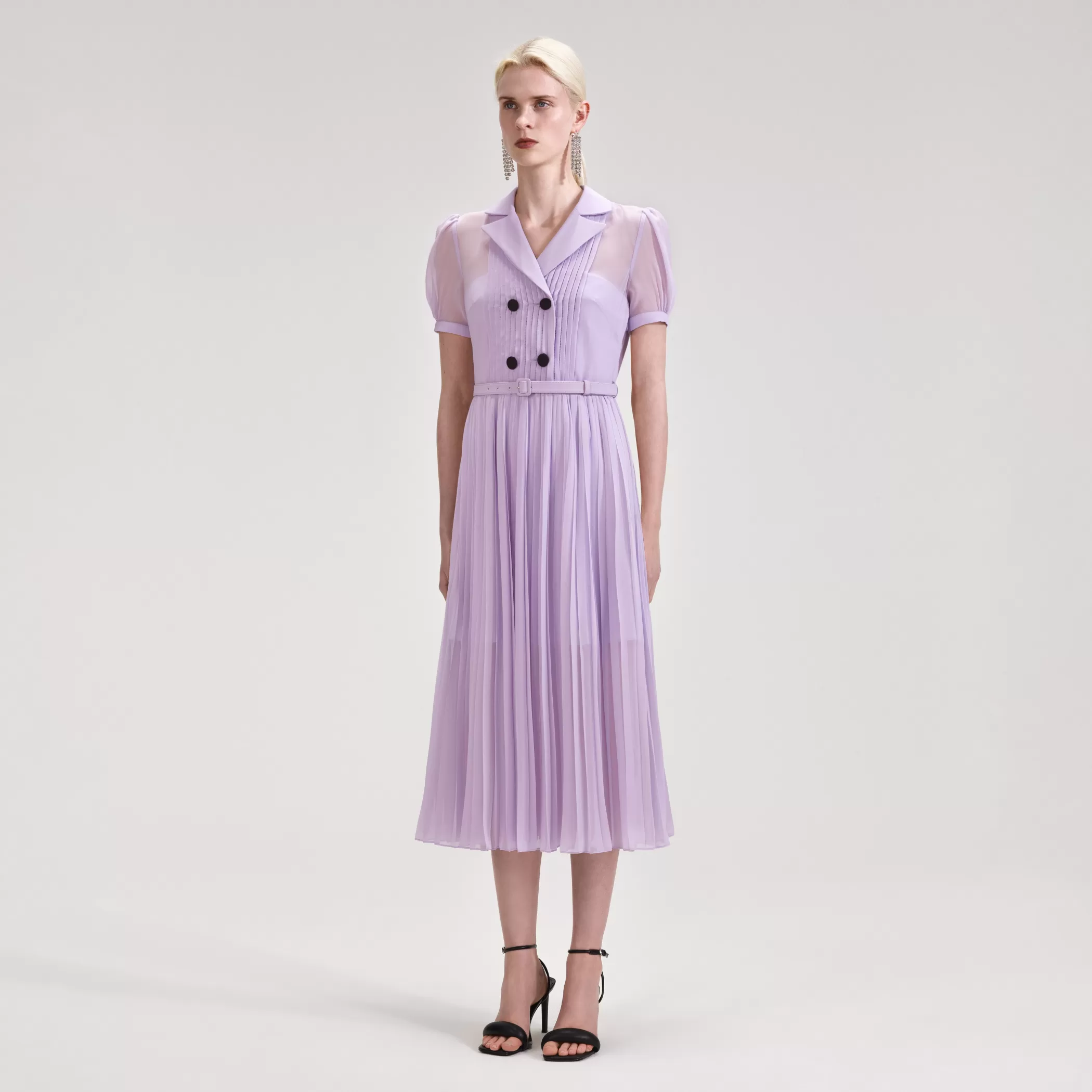 Self-Portrait > Lilac Chiffon Pleated Collar Midi Dress