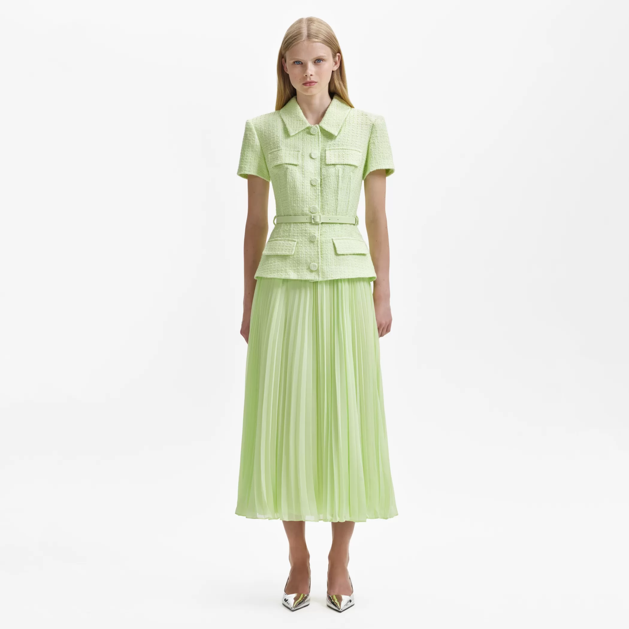 Self-Portrait > Lime Boucle Collared Chiffon Midi Dress