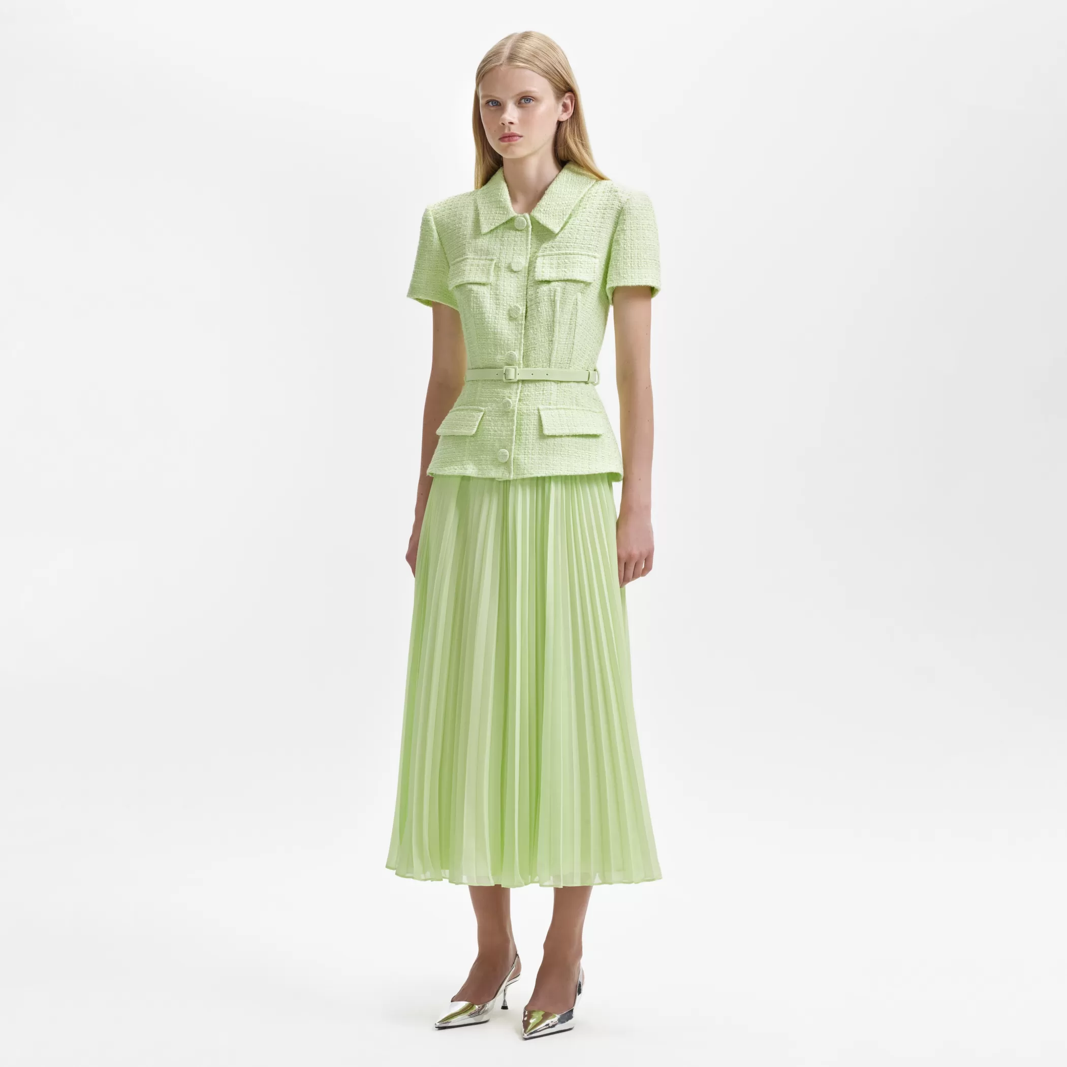 Self-Portrait > Lime Boucle Collared Chiffon Midi Dress