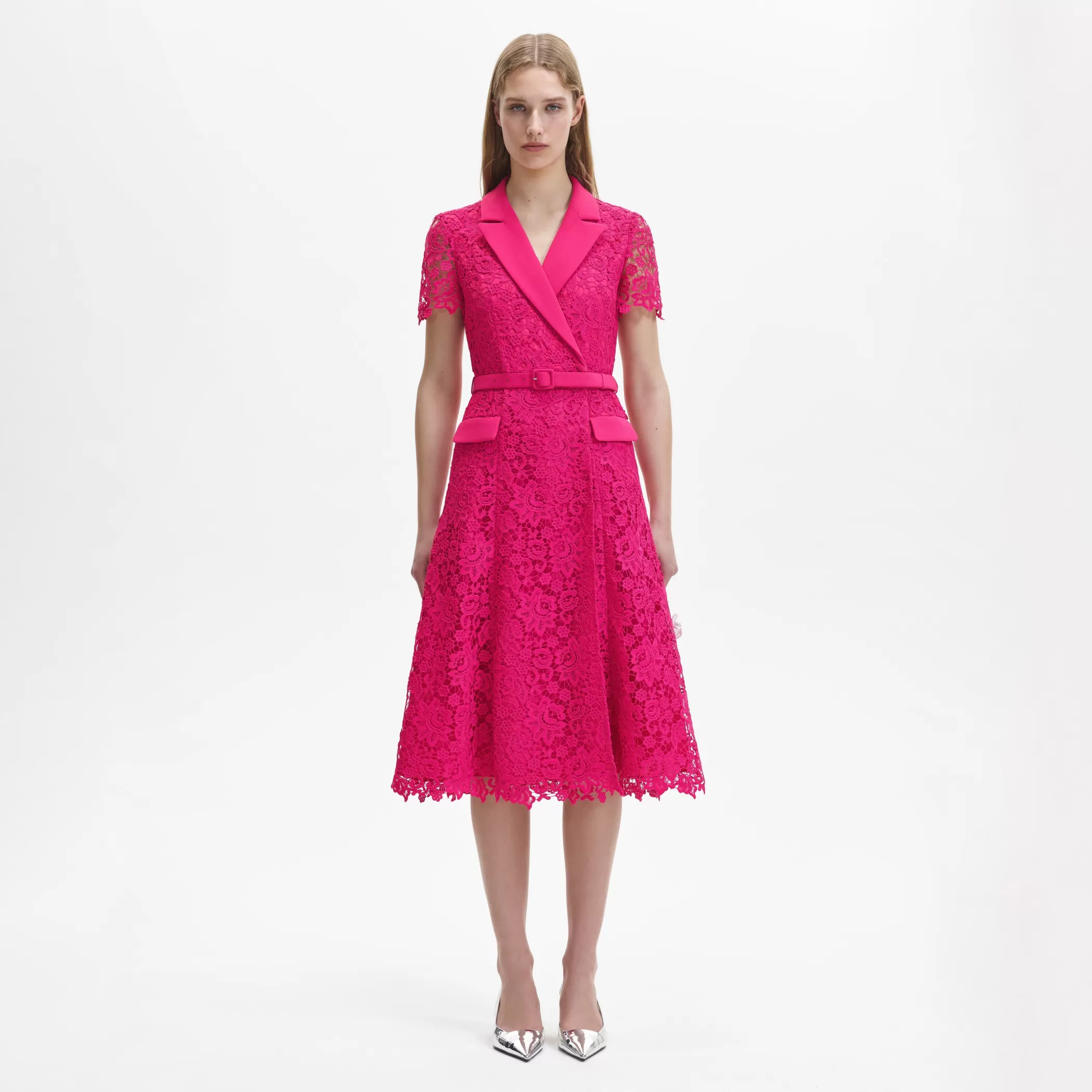 Self-Portrait > Magenta Lace Midi Dress