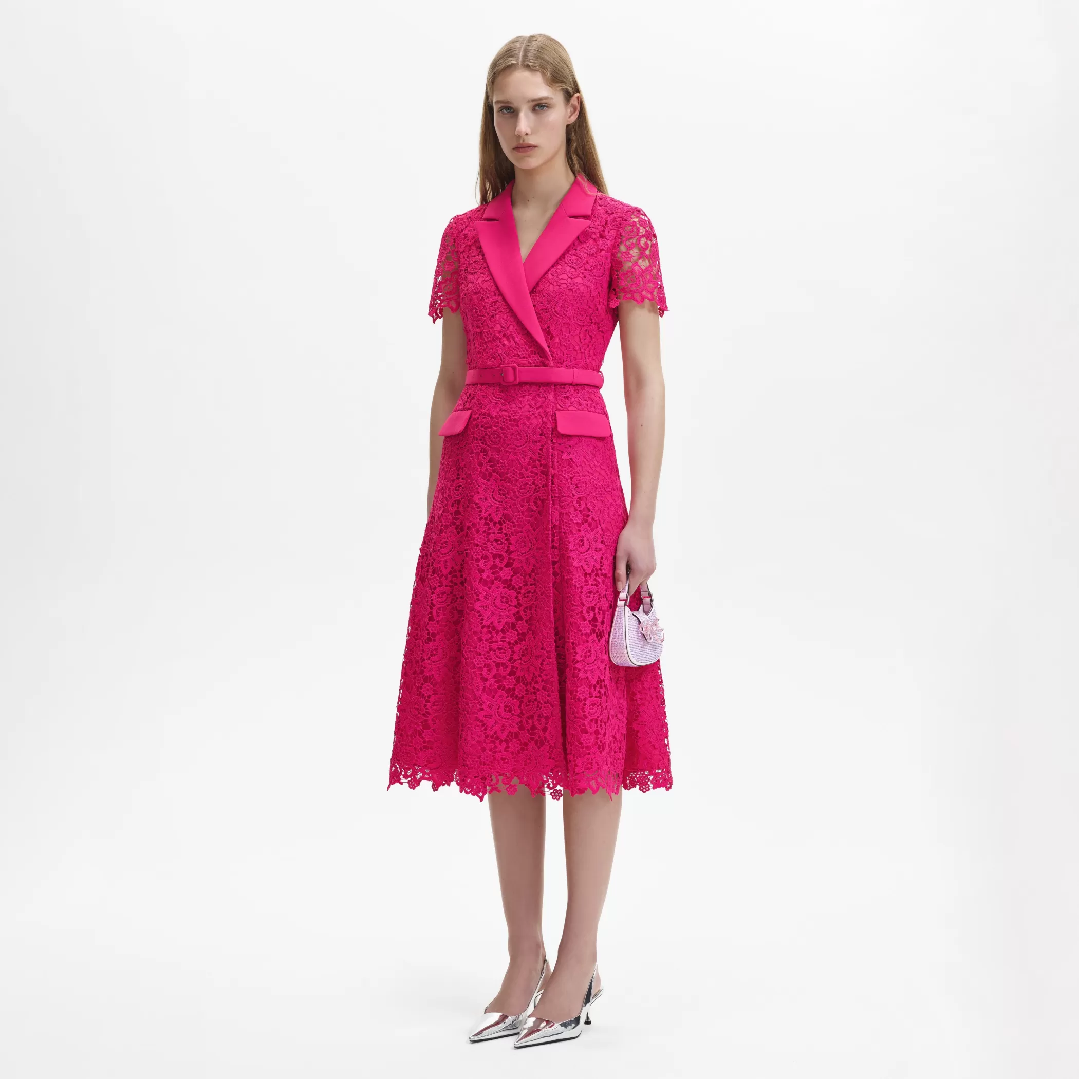 Self-Portrait > Magenta Lace Midi Dress