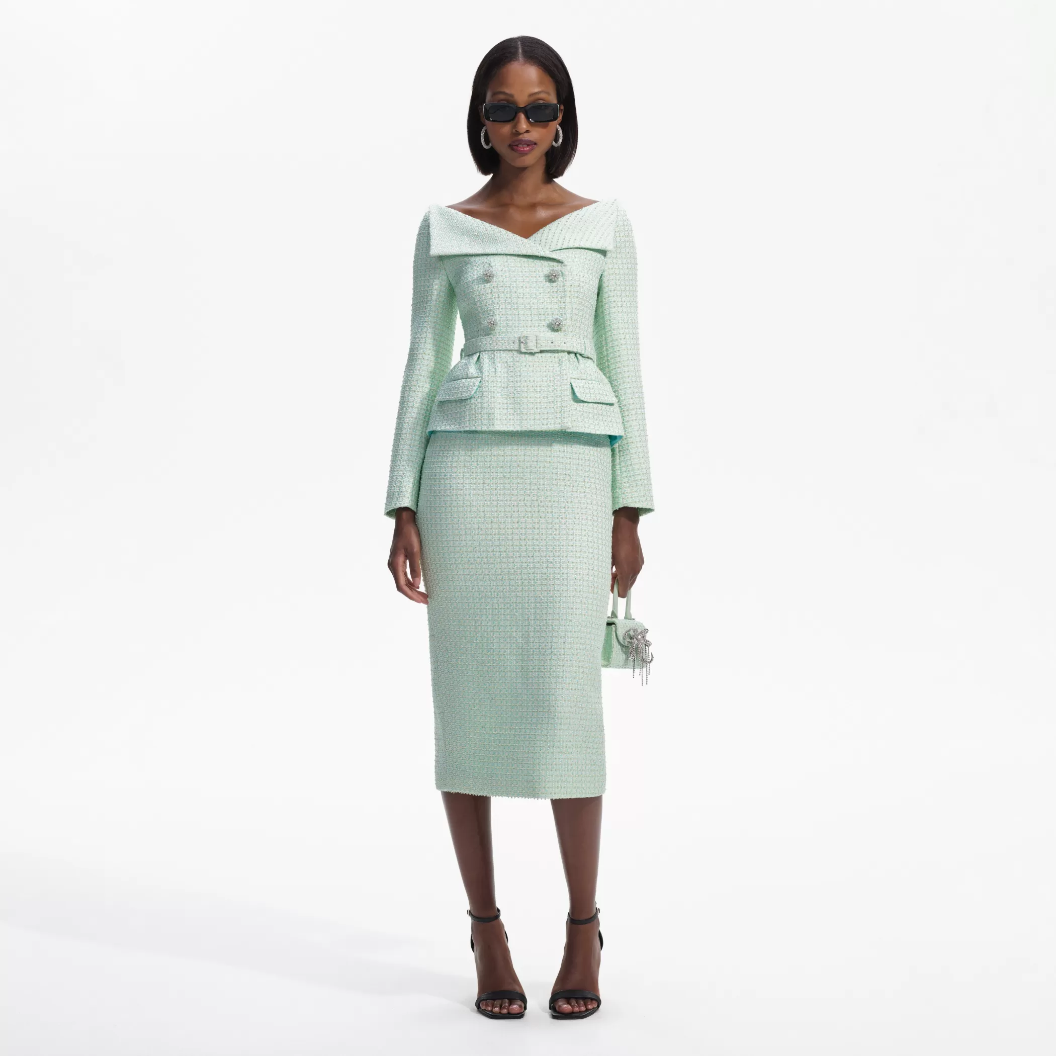 Self-Portrait > Mint Boucle Tailored Midi Dress