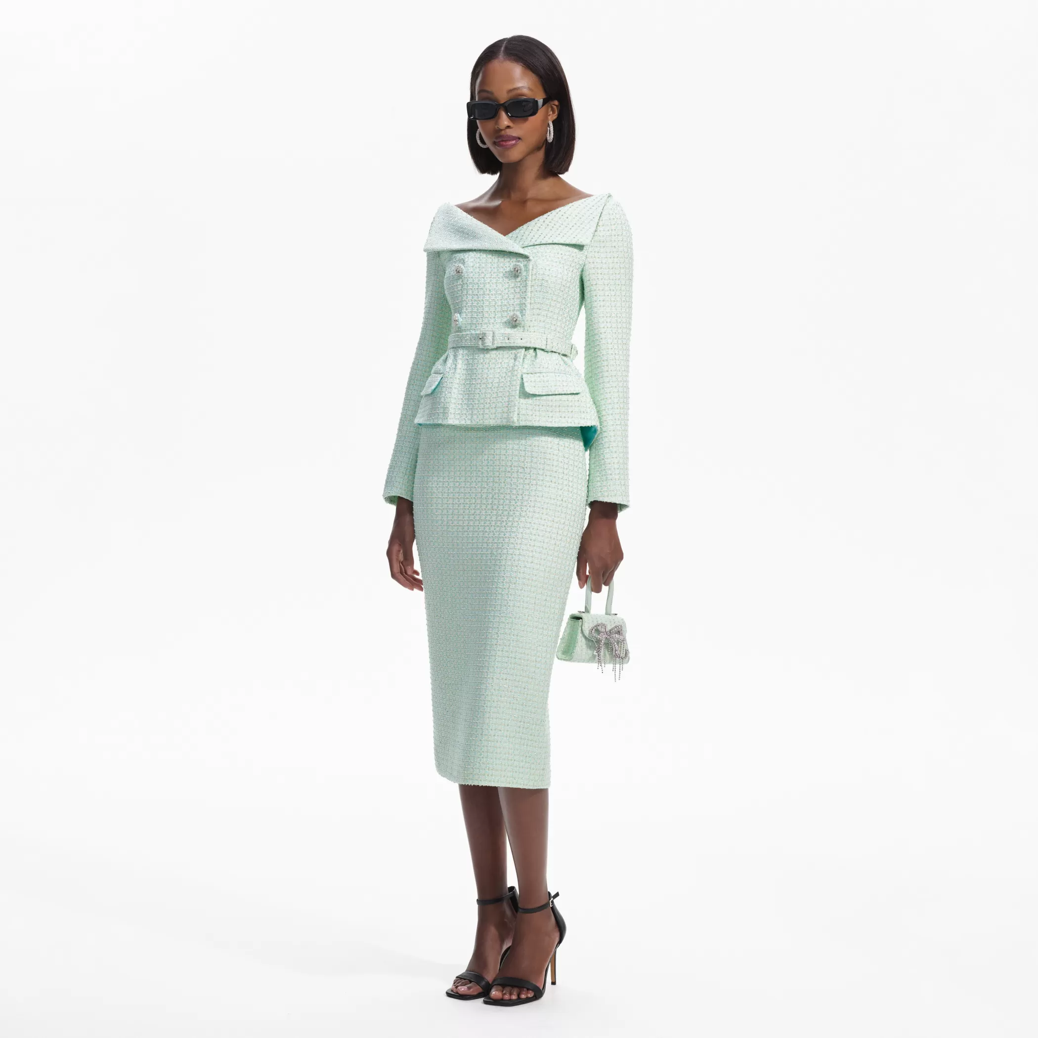 Self-Portrait > Mint Boucle Tailored Midi Dress