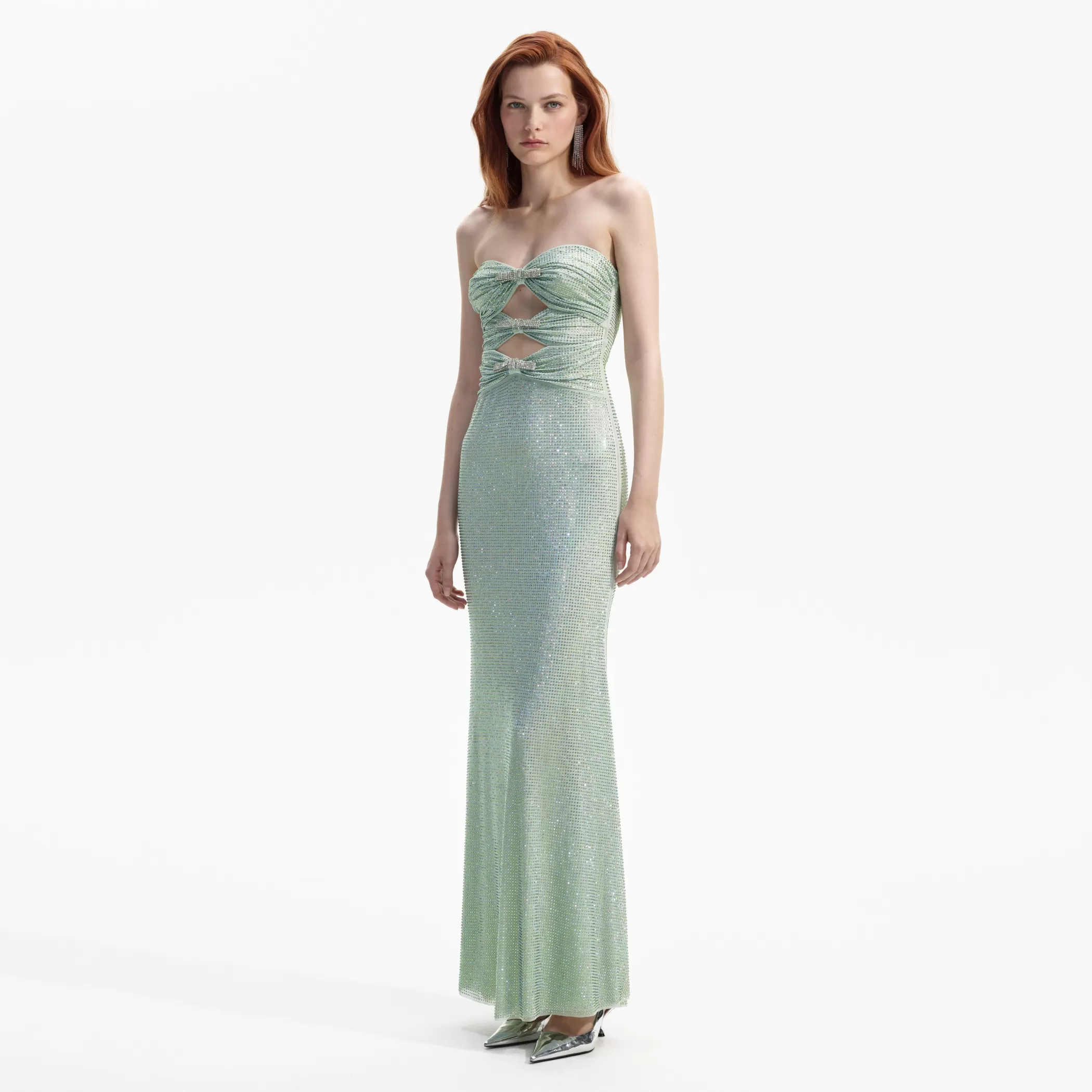 Self-Portrait > Mint Rhinestone Strapless Maxi Dress