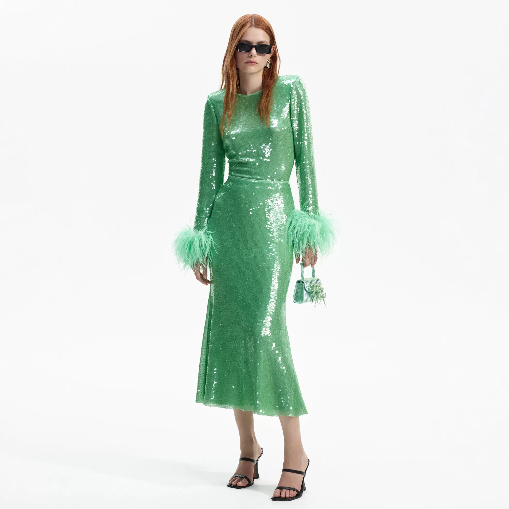 Self-Portrait > Mint Sequin Midi Skirt