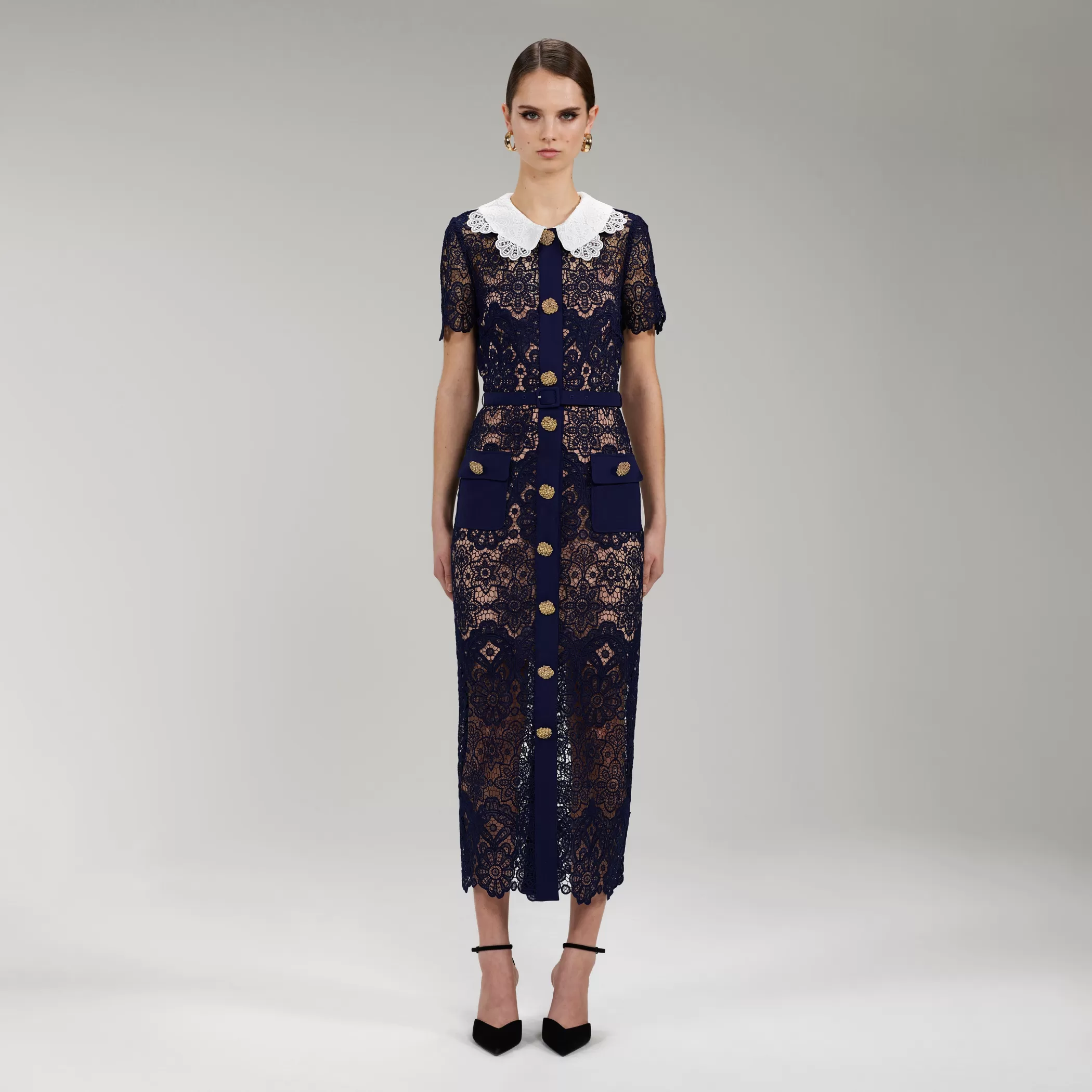 Self-Portrait > Navy Floral Guipure Midi Dress