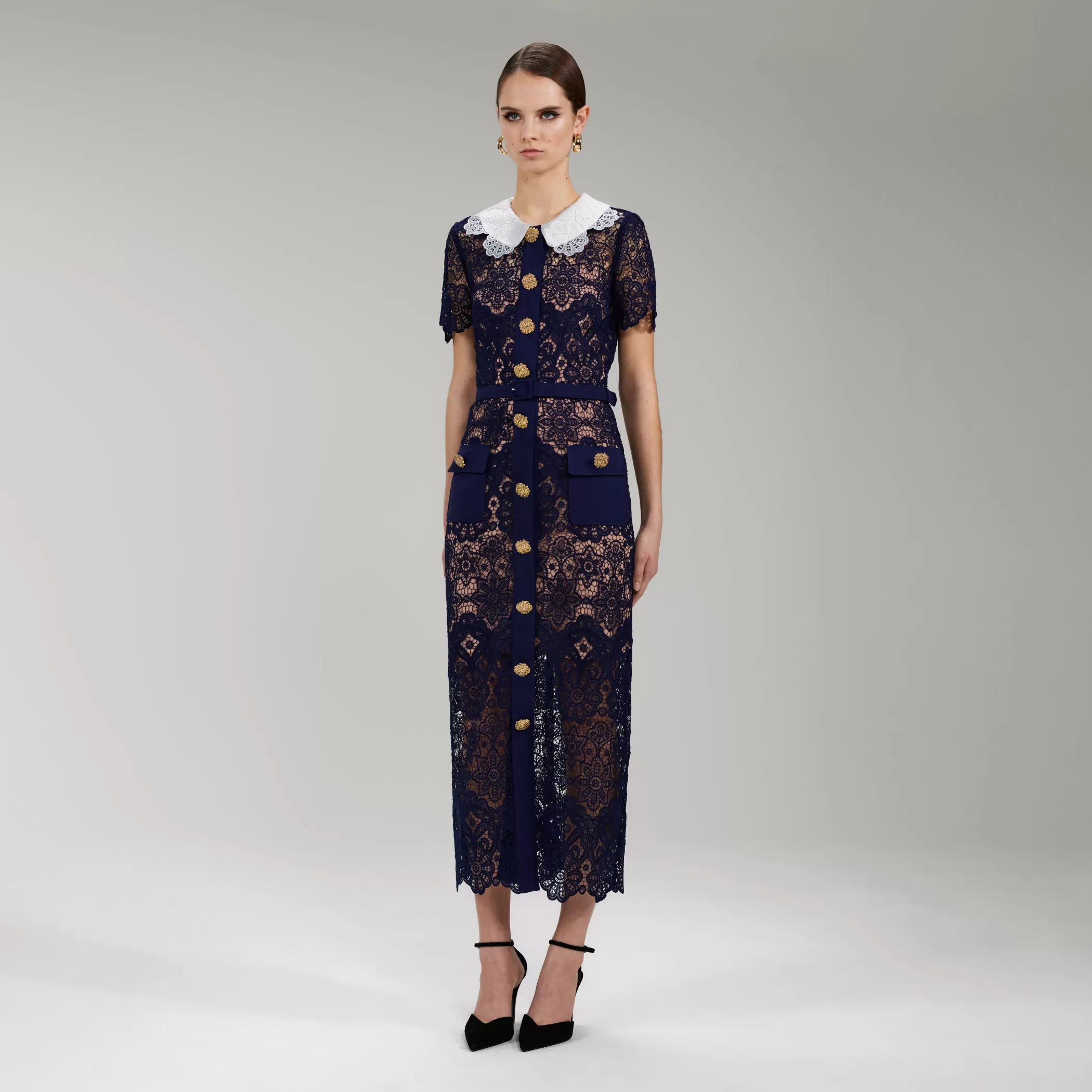 Self-Portrait > Navy Floral Guipure Midi Dress