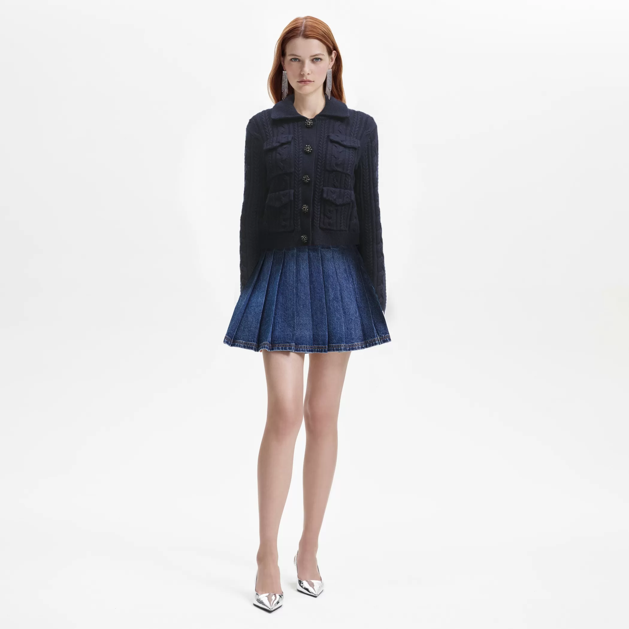 Self-Portrait > Navy Knit Collar Cardigan