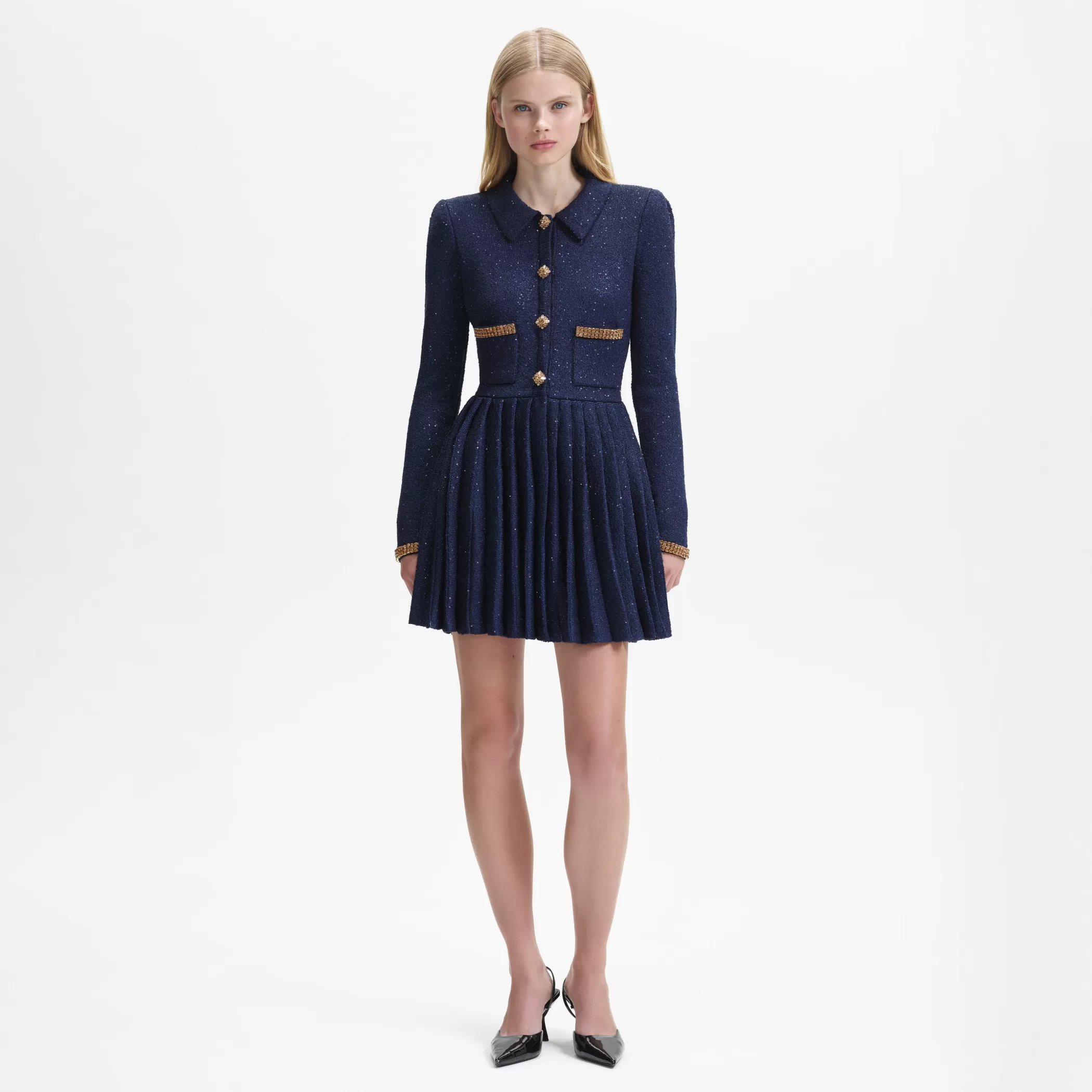 Self-Portrait > Navy Knit Collar Mini Dress