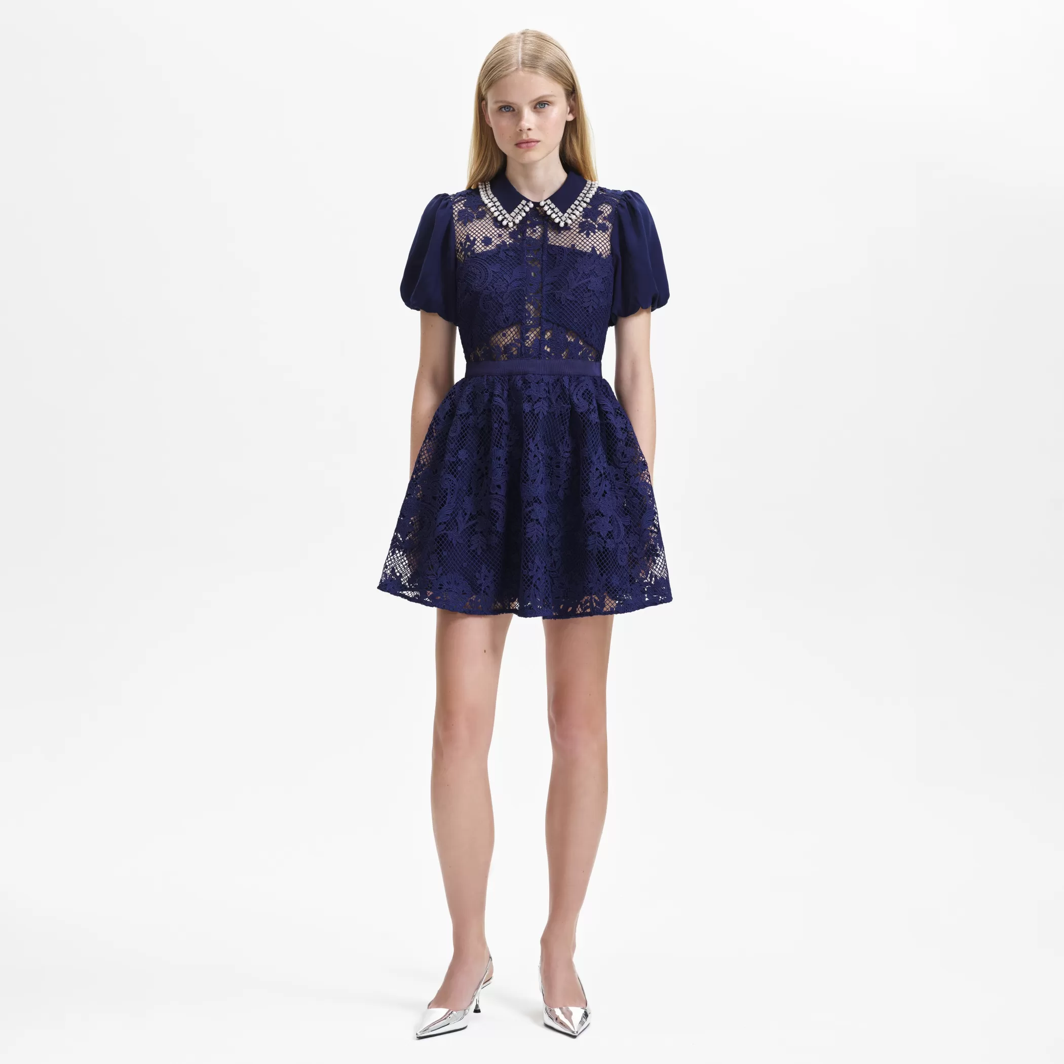 Self-Portrait > Navy Lace Diamante Collar Mini Dress